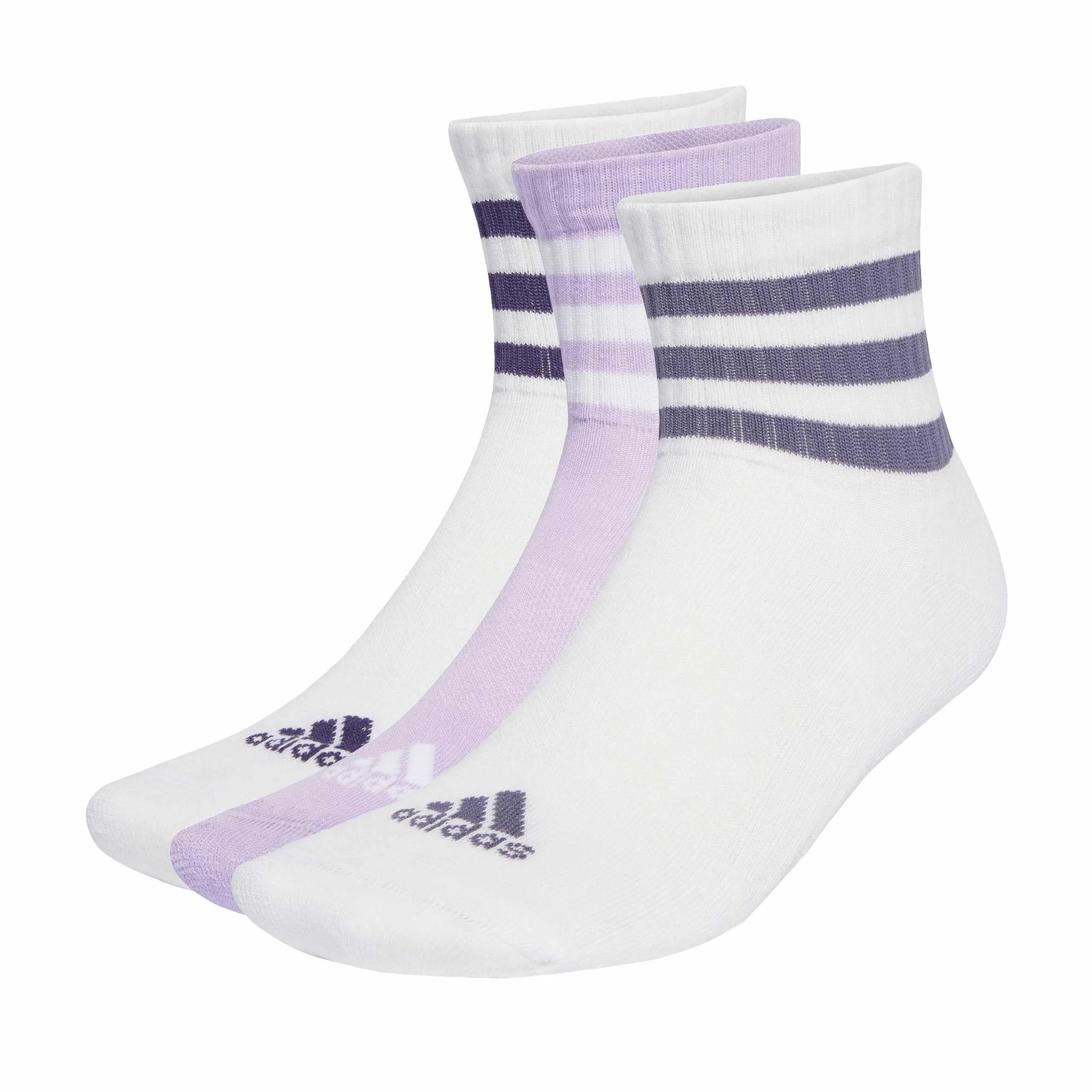 adidas Uniseks 3-Stripes Cushioned Sportswear Mid-Cut Socks 3 Pairs, White/White/Powder Plum, 8.5-10