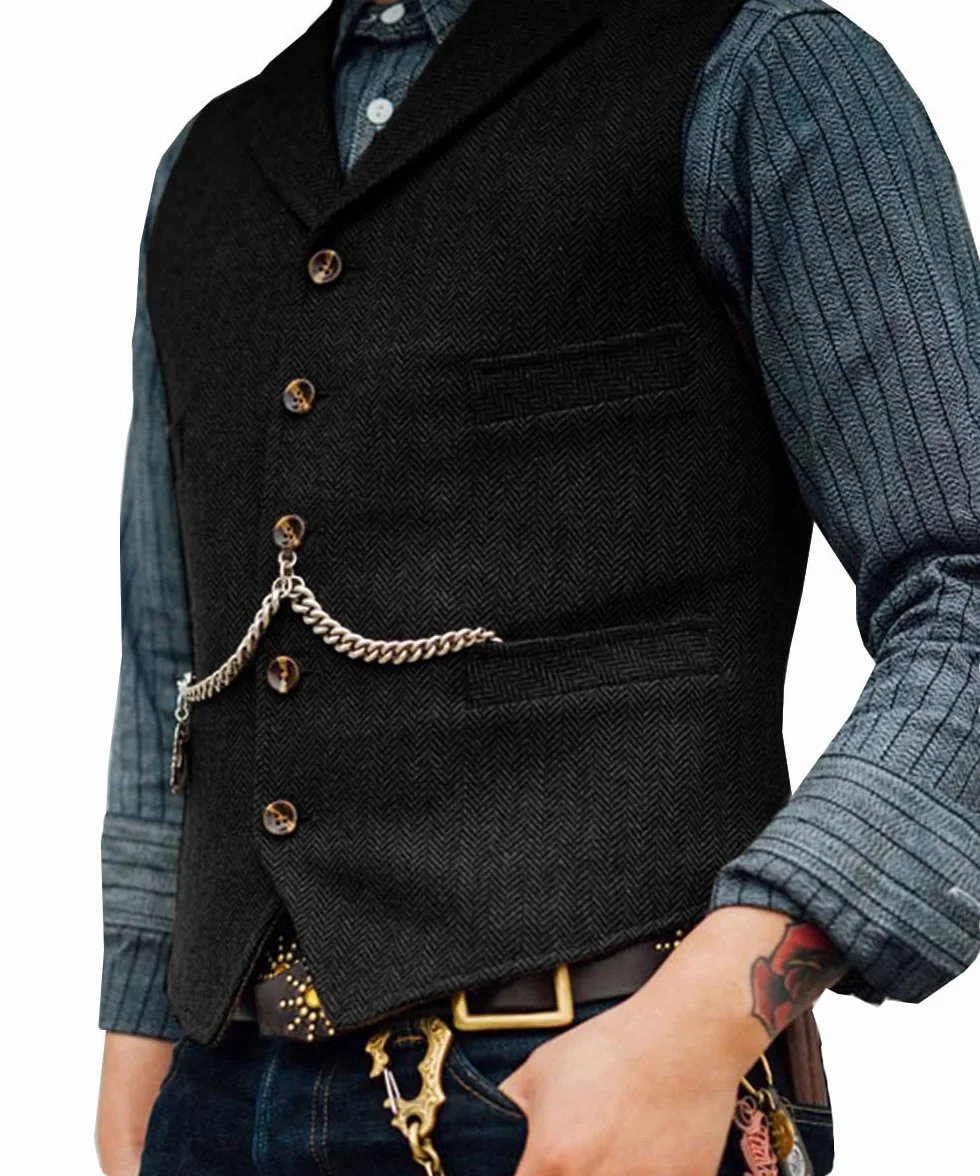 Ceehuteey Męska kamizelka garniturowa, tweed, retro, dekolt w serek, wełniana jodełka, na studniówkę