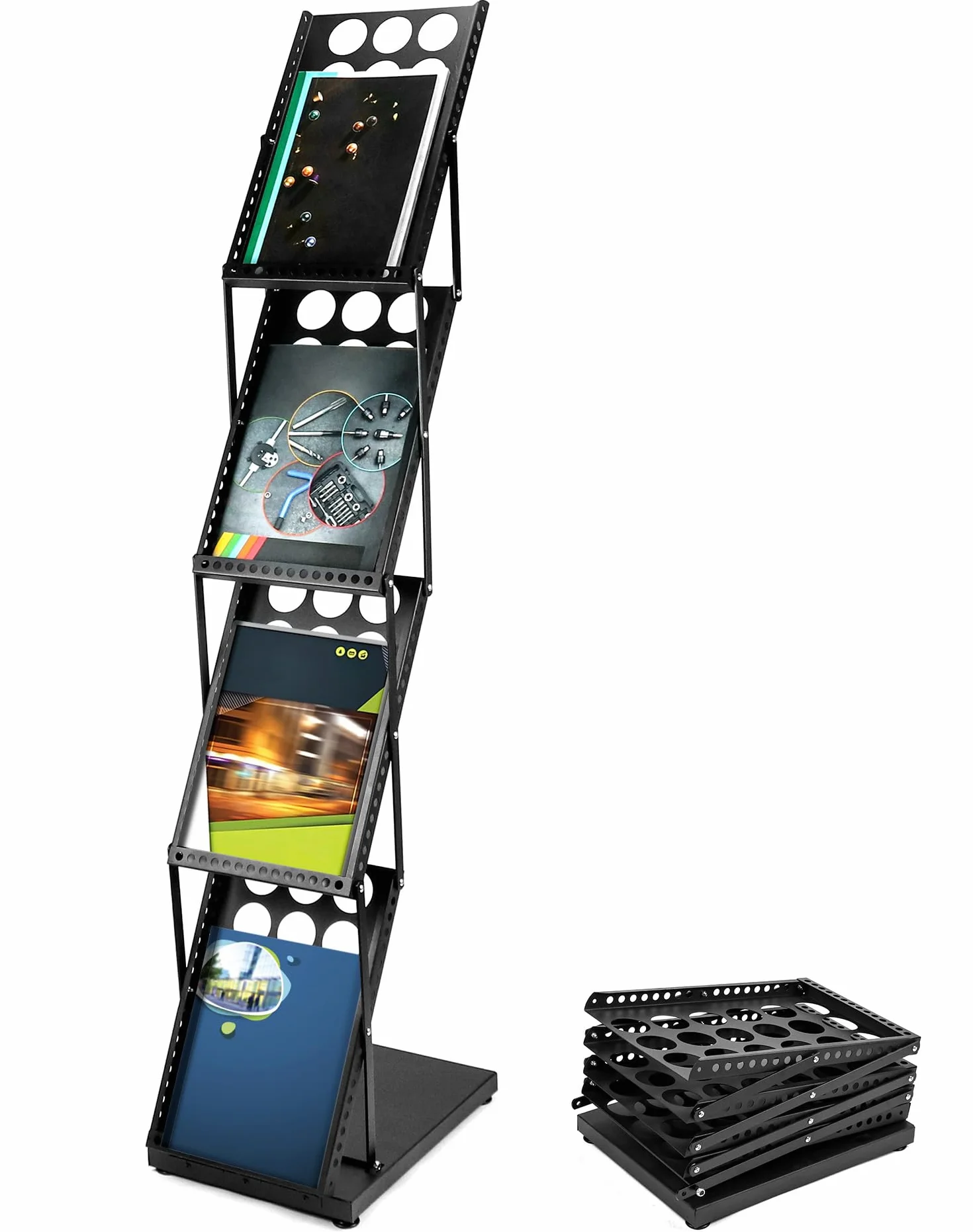QWORK® Stojak na prospekty A4, stojak na ulotki, składany, czarny