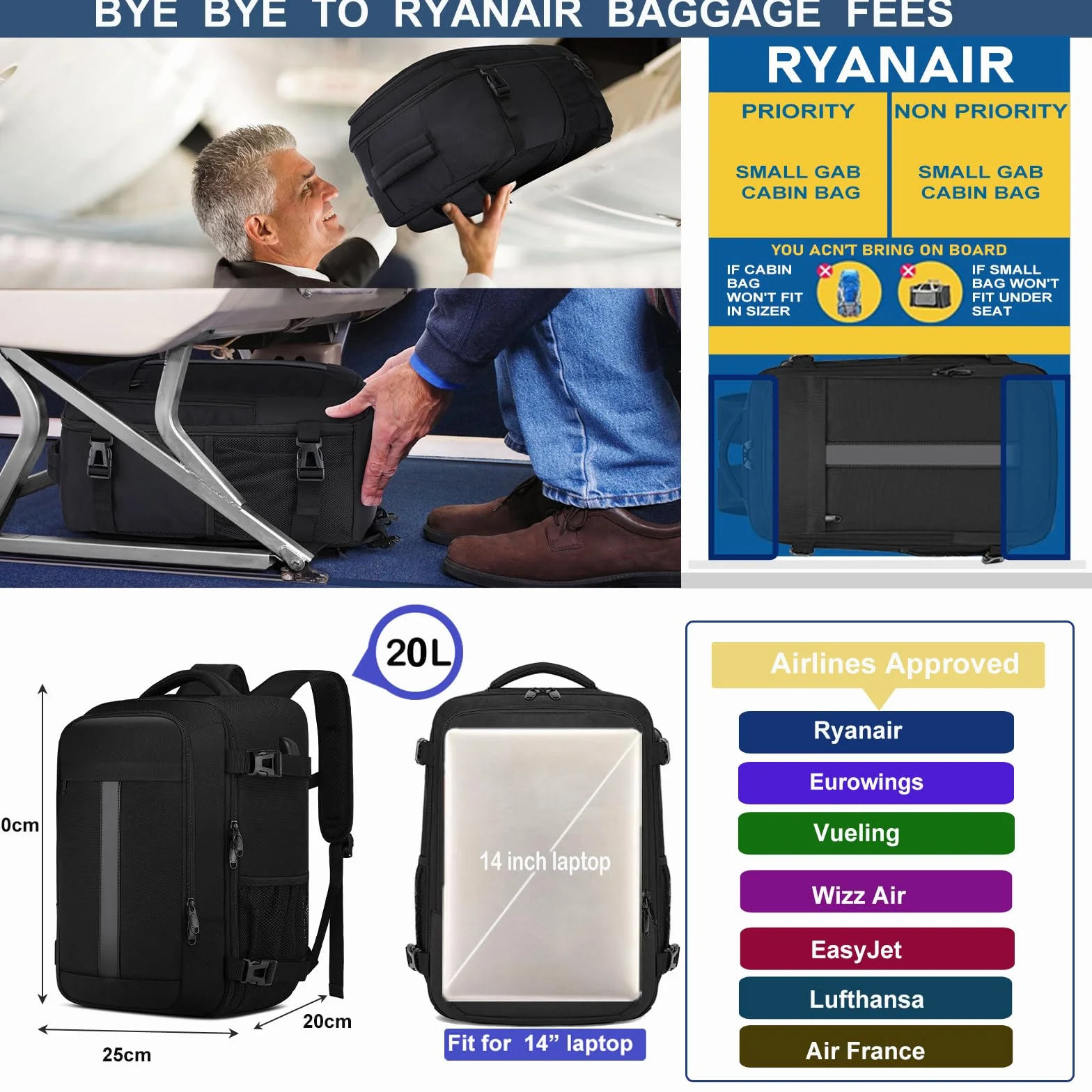 Torby kabinowe pod siedzenie, plecak podróżny, rozmiar kabiny, plecak do samolotu, bagaż podręczny, torba do samolotu, torba lotnicza z portem ładowania USB, Czarny-S, Ryanair 40x20x25cm(20L), Casual