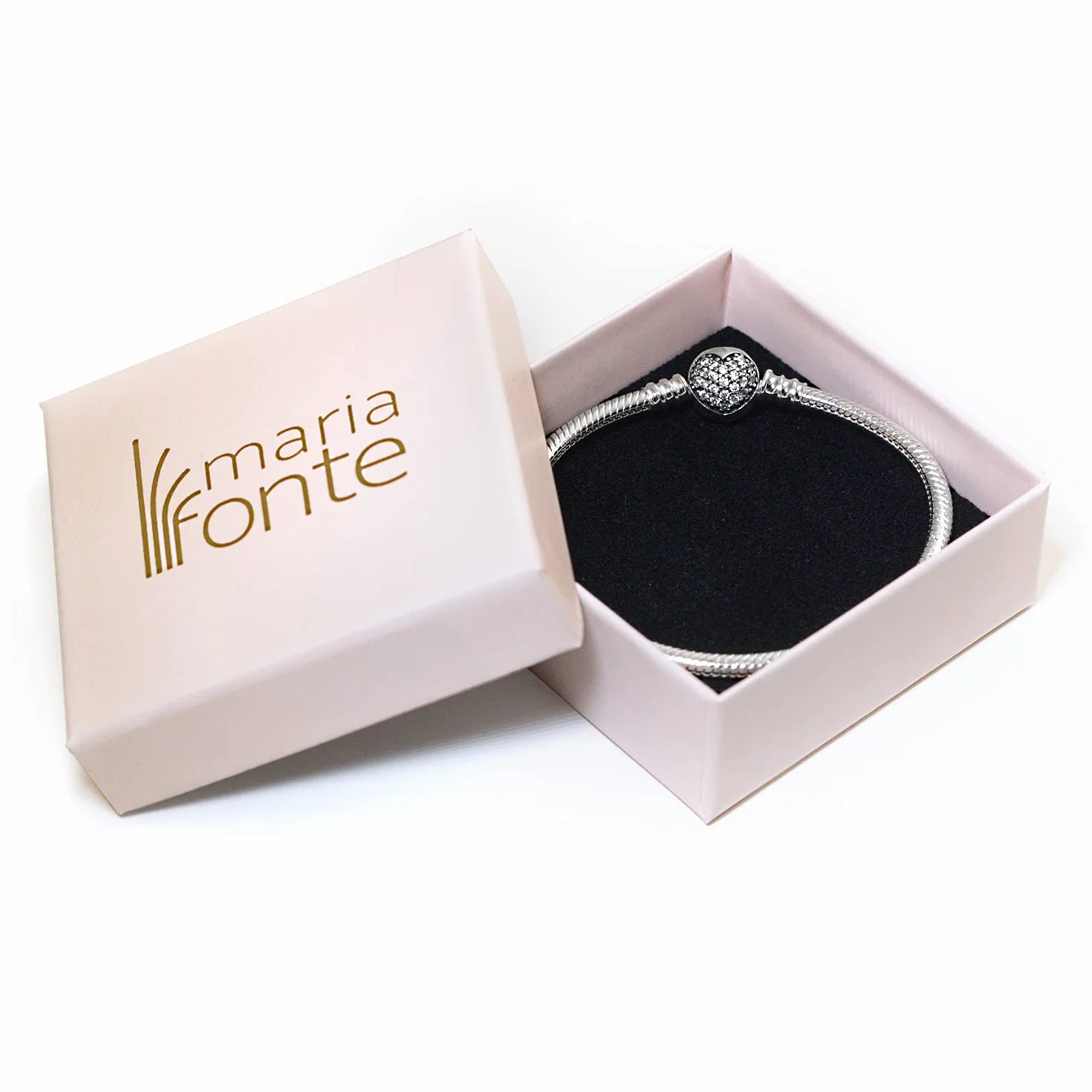 Bransoletka MariaFonte Nowy 2023 Love Heart Cyrkonia Kobieta Oryginalna imitacja Sztywny wisiorek Charms Base Bransoletki Clip Retainer Oferta Charm Silver Hook Zapięcie Box Pink Bead