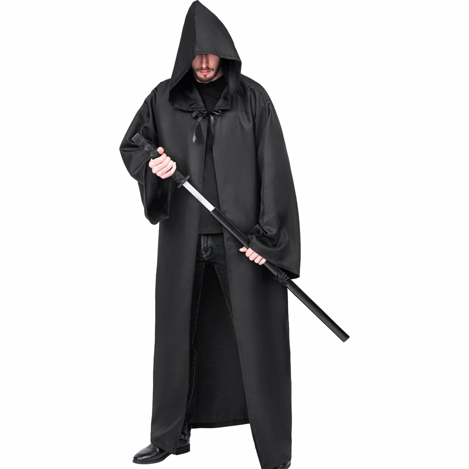 Myir JUN Męski płaszcz z kapturem, męski szlafrok na Halloween, kostium filmowy, rycerz, tunika, peleryna dla dorosłych, strój, karnawał, fantazyjne przebranie, cosplay (rozmiar XL, czarny)