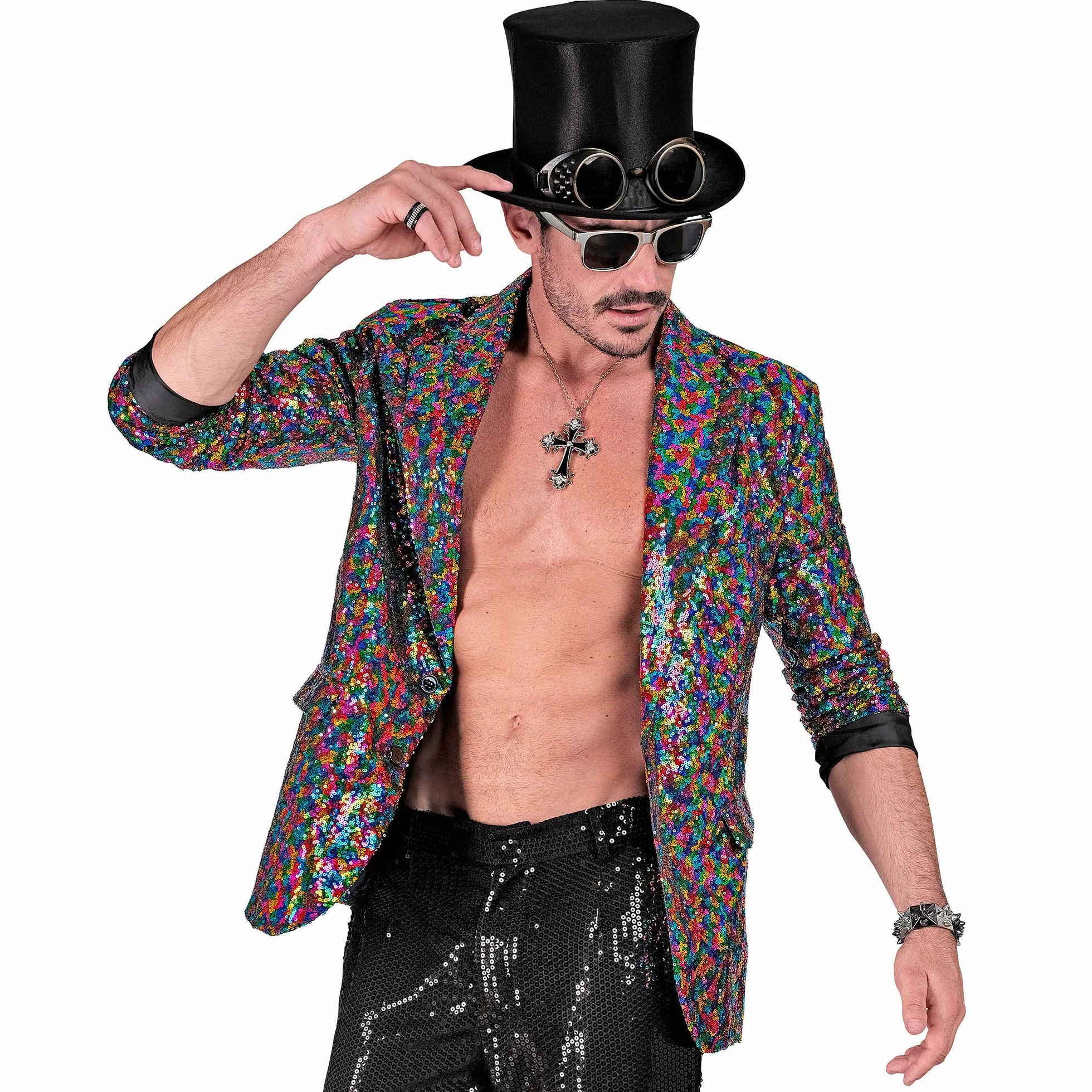 W WIDMANN MILANO Party Fashion - Imprezowa kurtka z cekinami dla mężczyzn, Disco Fever, kurtka garniturowa, zwierzęcy nadruk