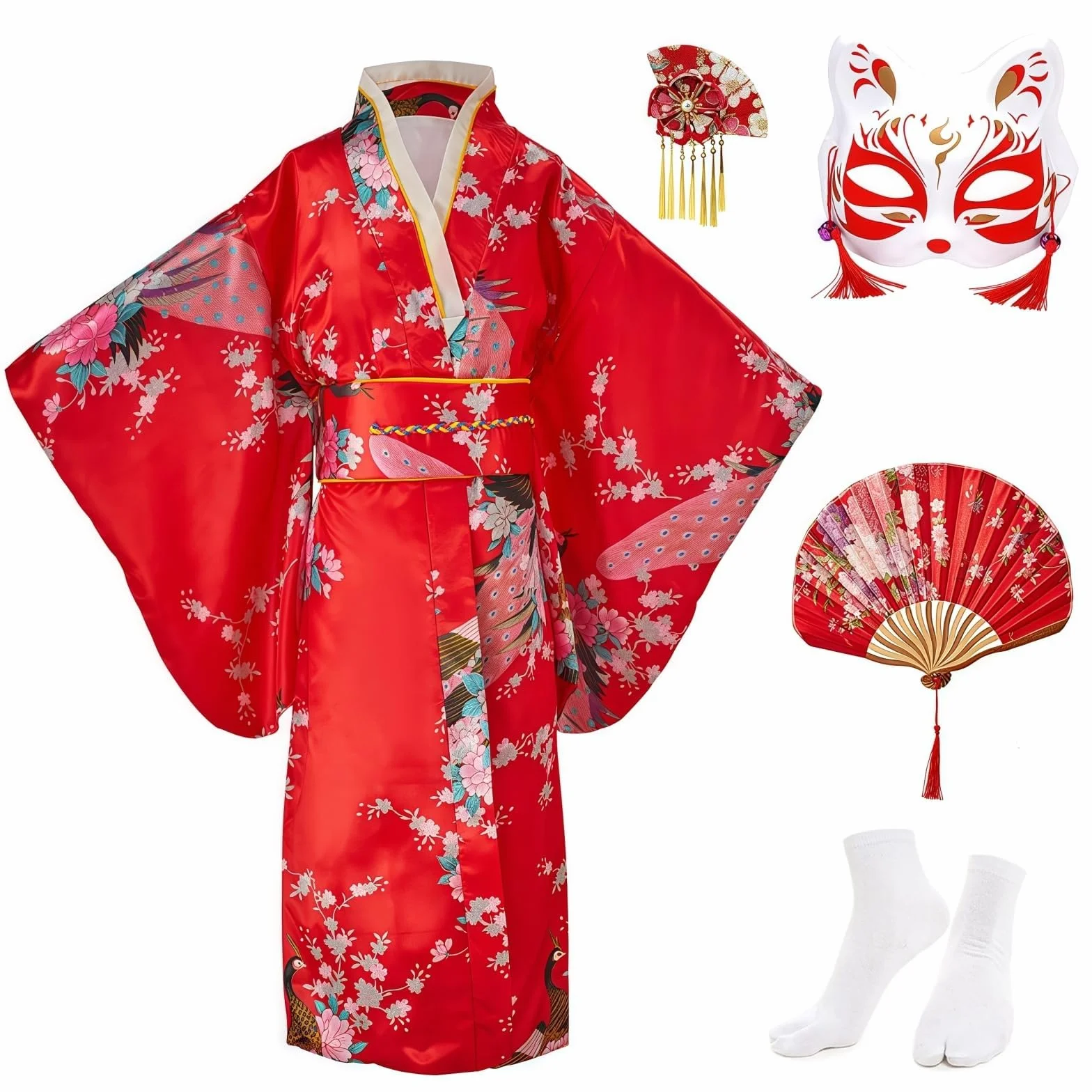 Yukata kimono dla dziewczynek, styl japoński, tradycyjny strój, jedwabny materiał, strój ślubny, na imprezę, do występów, czerwony, 140