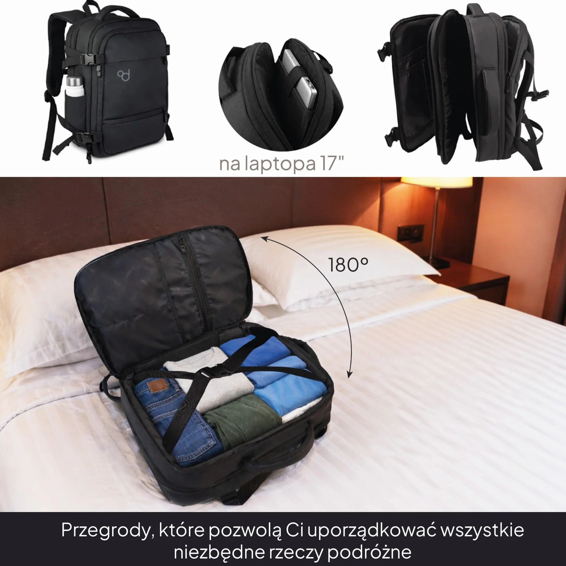 OcioDual Plecak podręczny Ociodual 40 × 30 × 20 cm, rozszerzalny plecak kabinowy, torba kabinowa z przegrodą na laptopa, wieloma kieszeniami i otwarciem 180°, czarny