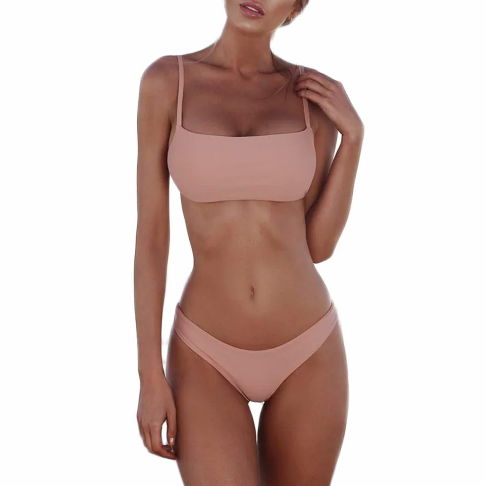 meioro Kostium kąpielowy Bikini Damski,Solid Color Swimsuit Summer,Seksowny swimwear,Stroje kąpielowe z Rozcięciem Nie Mają Fiszbin i Ochraniaczy Na klatkę Piersiową(Różowy,S)