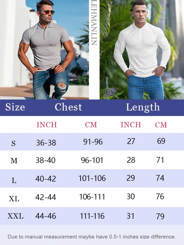 Lehmanlin Męskie koszulki ze stretchem z długim rękawem bawełniane koszulki polo slim fit