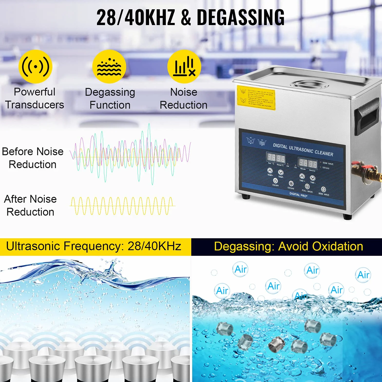 VEVOR ultradźwiękowy myjka ultradźwiękowa o podwójnej częstotliwości 28/40 kHz z ultradźwiękowym urządzeniem czyszczącym ze zbiornikiem ze stali nierdzewnej do biżuterii, okularów, zegarków, do