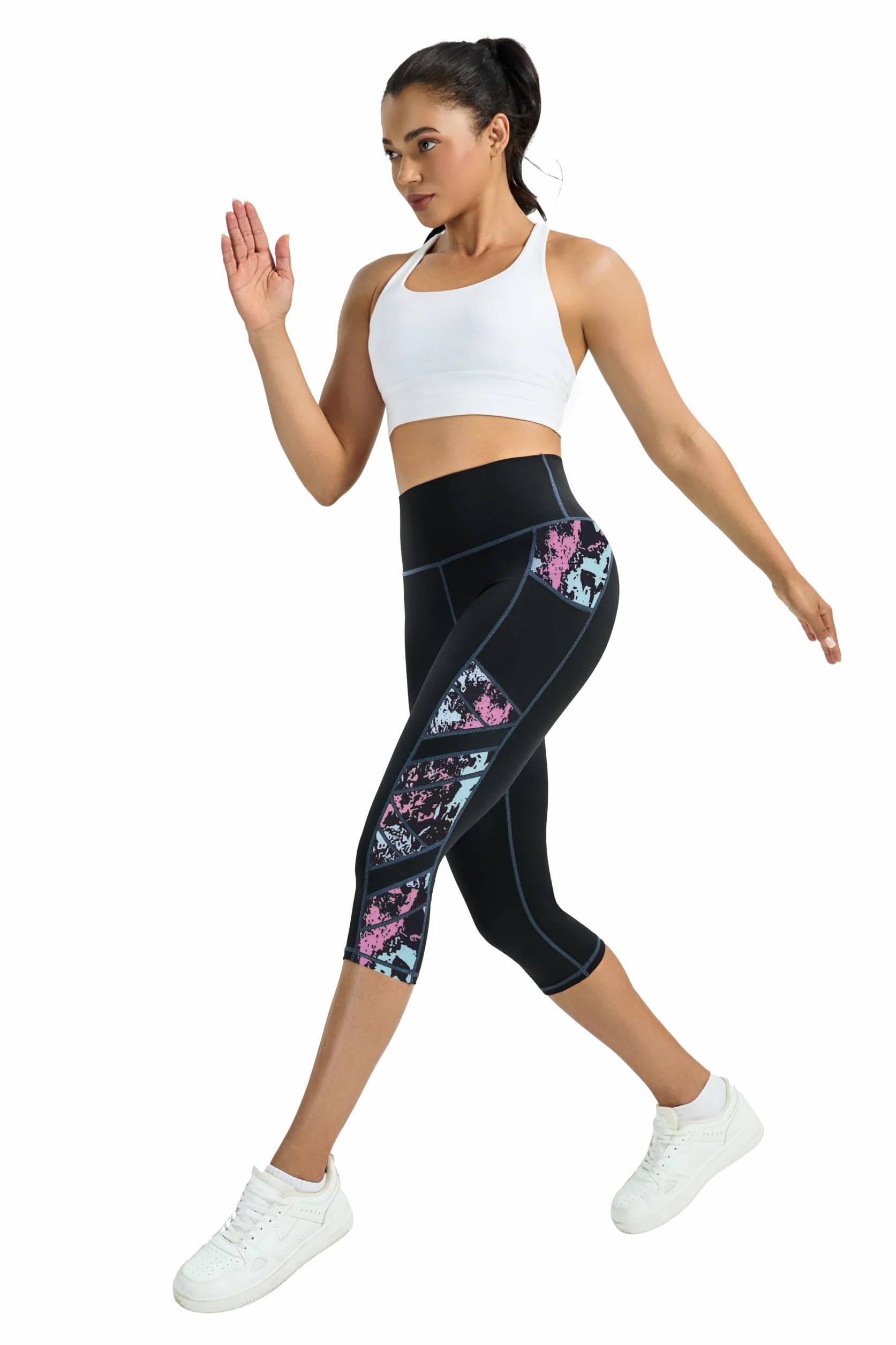 Sportowe legginsy damskie, wysoka talia, elastyczne spodnie sportowe, wyszczuplające brzuch, damskie długie legginsy slim fit, spodnie sportowe damskie 3/4, legginsy sportowe 3/4, legginsy damskie