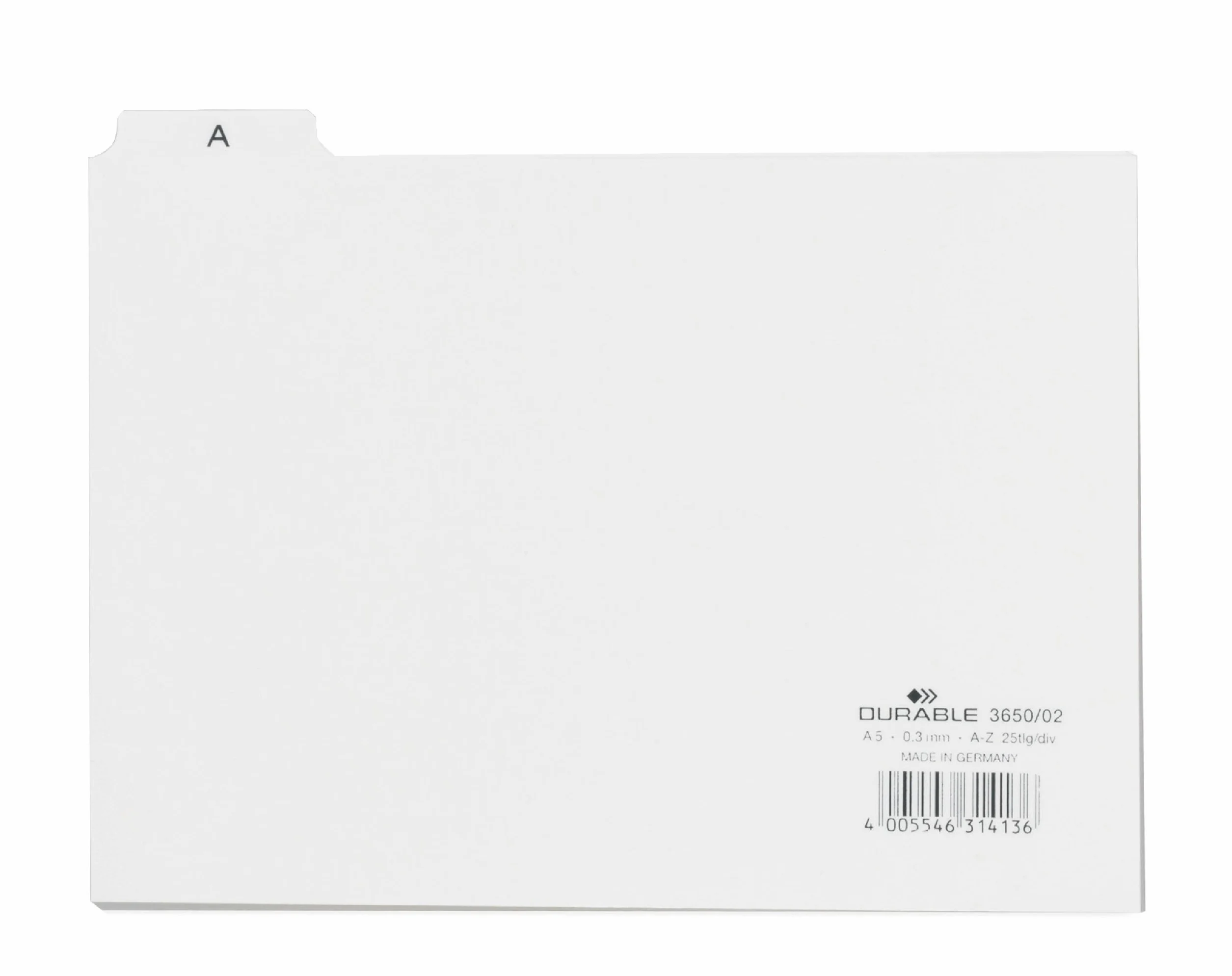 Durable 365002 Przekładki A - Z, poziome (A5), kolor biały.