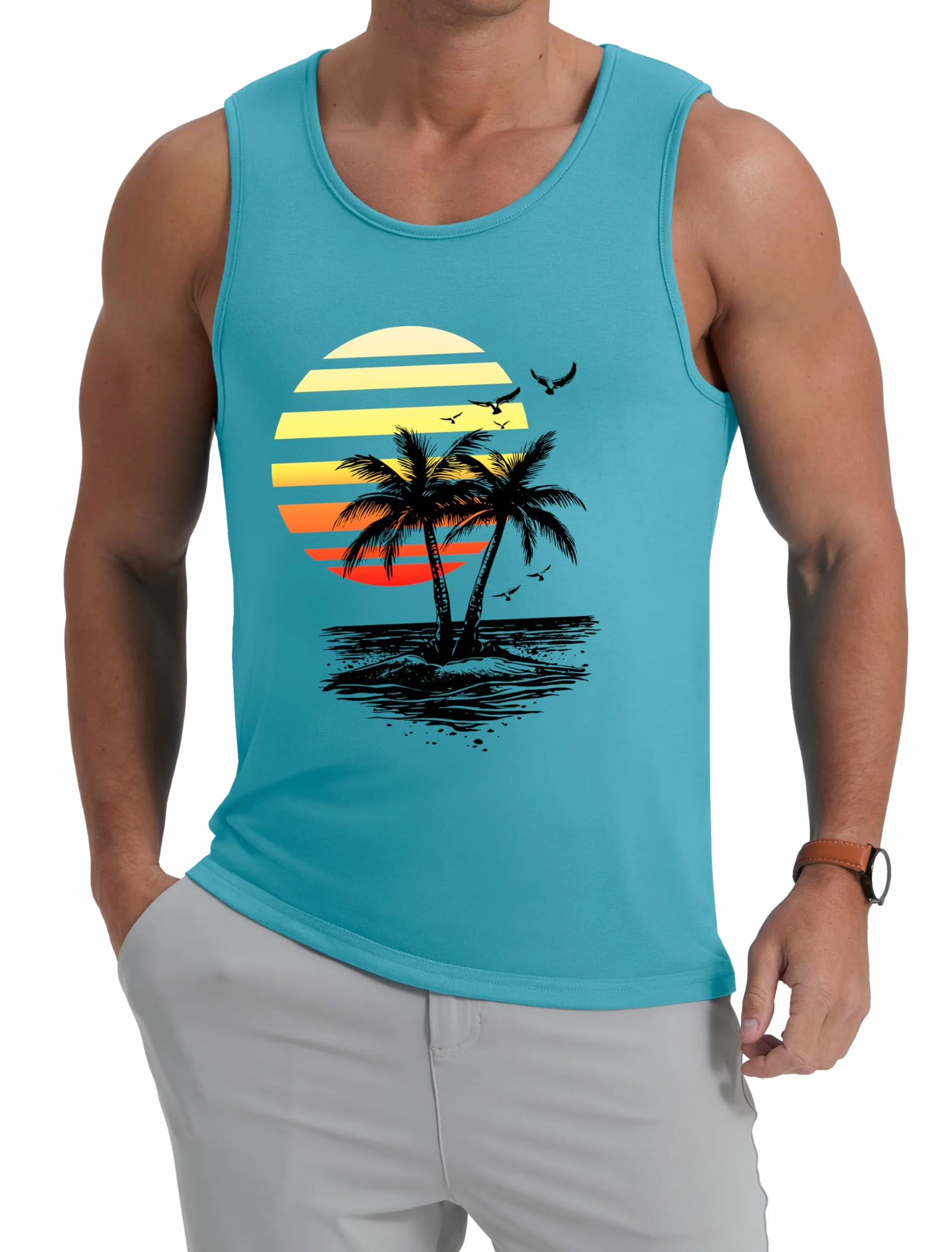 IWOLLENCE Tank Top męska bawełniana koszulka z nadrukiem bez rękawów, na lato, hawajska koszula, luźny tank top