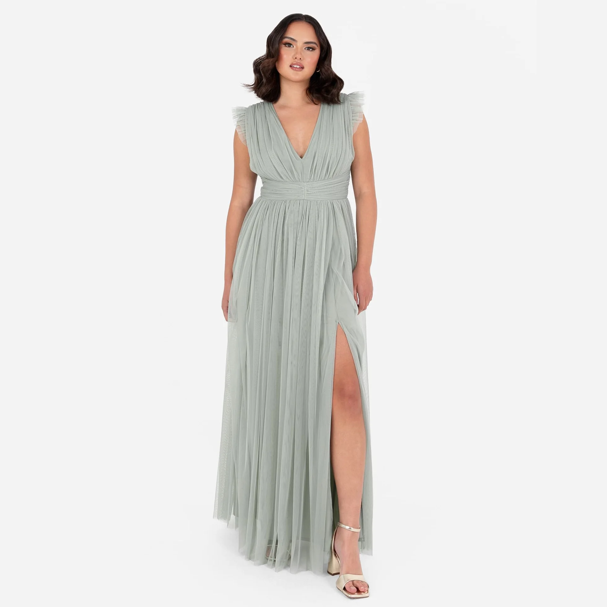 Anaya with Love Damska sukienka maxi damska z dekoltem w serek krótki rękaw split tiul linia A dla gości weselnych wieczór panieński okazja Ball Gown Kobiety, Mrożona zieleń, 52