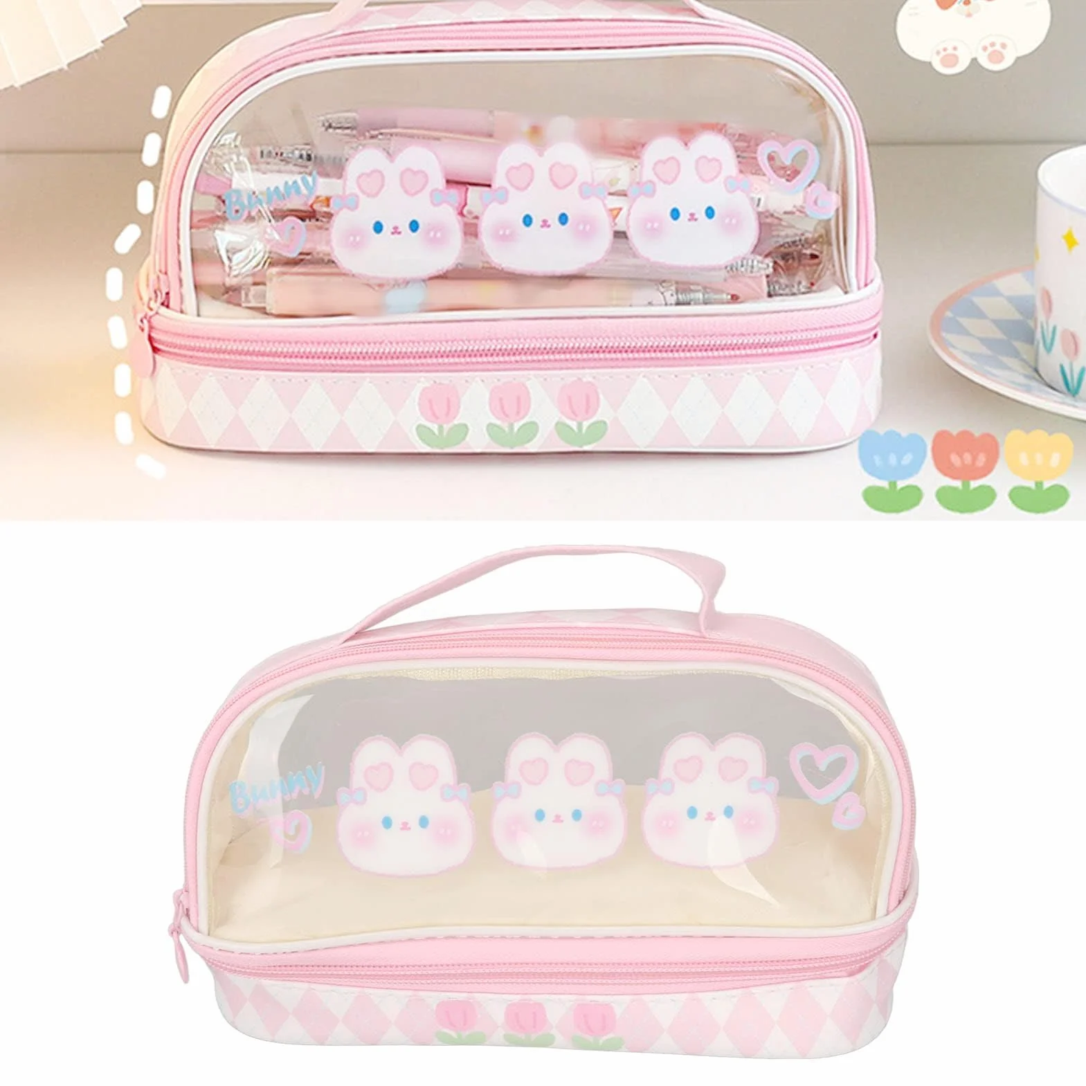 Piórnik z królikiem, uroczy, duża pojemność, różowy, Kawaii, dla dziewcząt, dzieci, nastolatków