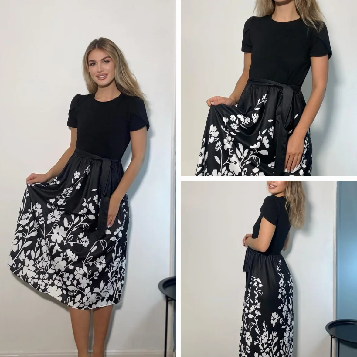 ZEAGOO Letnia sukienka damska, elegancka sukienka z krótkim rękawem, okrągły dekolt, sukienka midi, linia A, sukienka kwiatowa, na co dzień, tunika, sukienka plażowa z kieszeniami, S-XXL