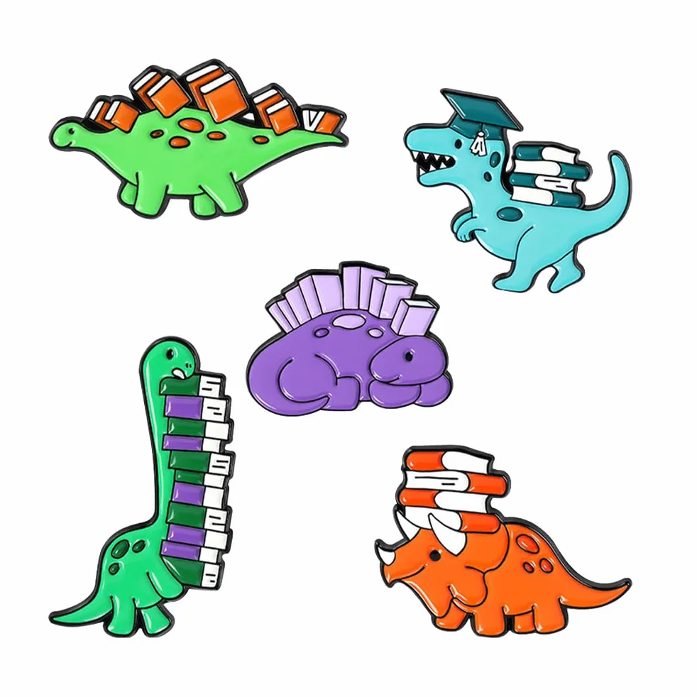 Happyyami 5 szt. kreskówkowa broszka przypinka dinozaur dinozaur z książką, odznaka, ubrania, torby, plecaki, klapy, przypinki, dla kobiet, dziewcząt, odzież, dekoracja,, 3.3x2.8cm, Metal