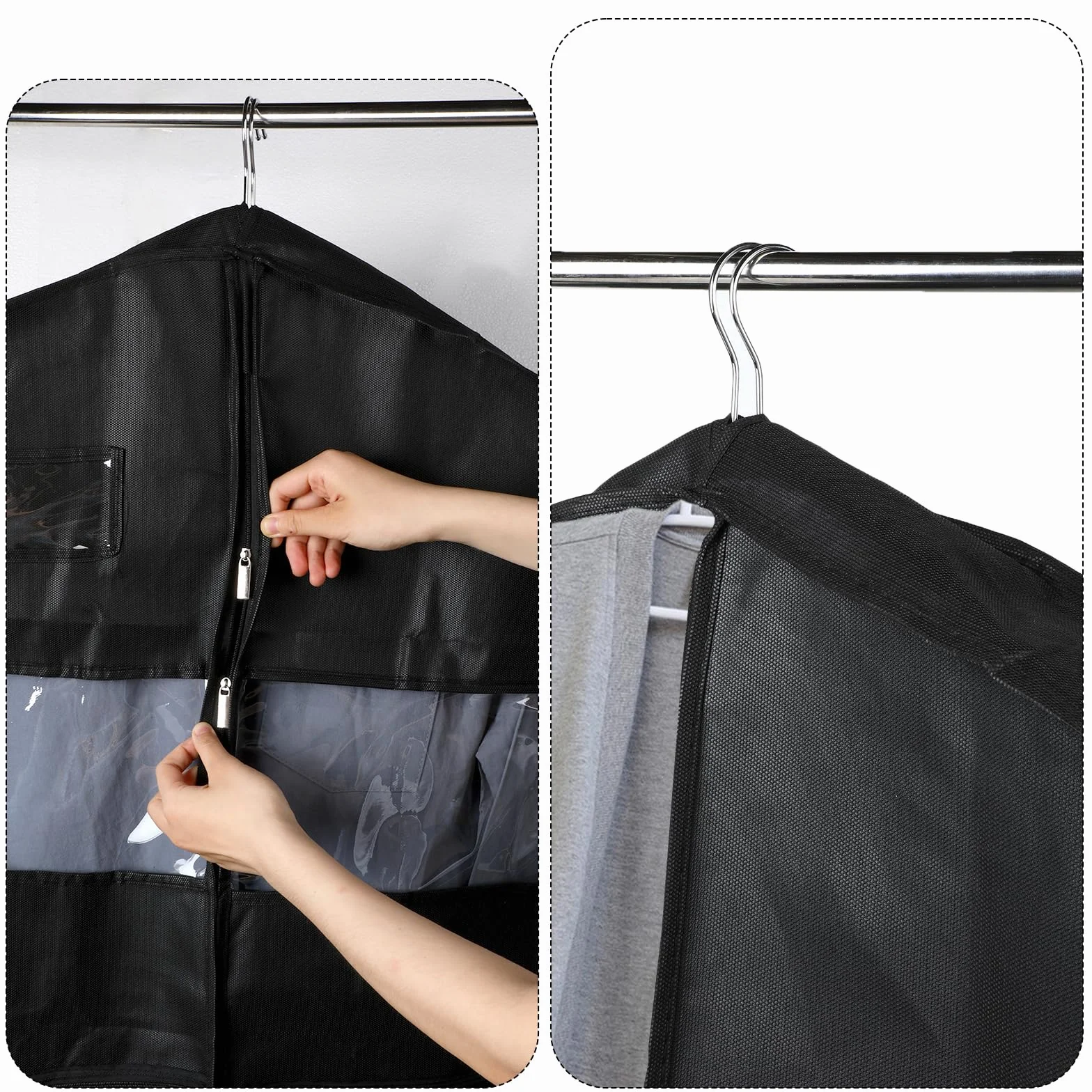 Torba na garnitur 107 cm, składana torba na garnitur, oddychająca torba na ubrania do wieszania ubrań, wytrzymały pokrowiec na garnitur z zamkiem błyskawicznym i 3 kieszeniami siatkowymi na koszule,