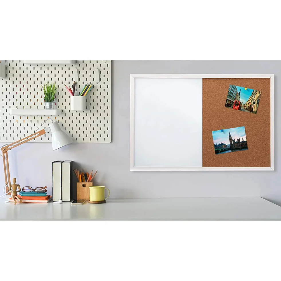 DOEWORKS 60 x 40 cm tablica magnetyczna i tablica korkowa, montowana na ścianie tablica ogłoszeń suchościeralna/tablica korkowa połączenie z białą drewnianą ramą