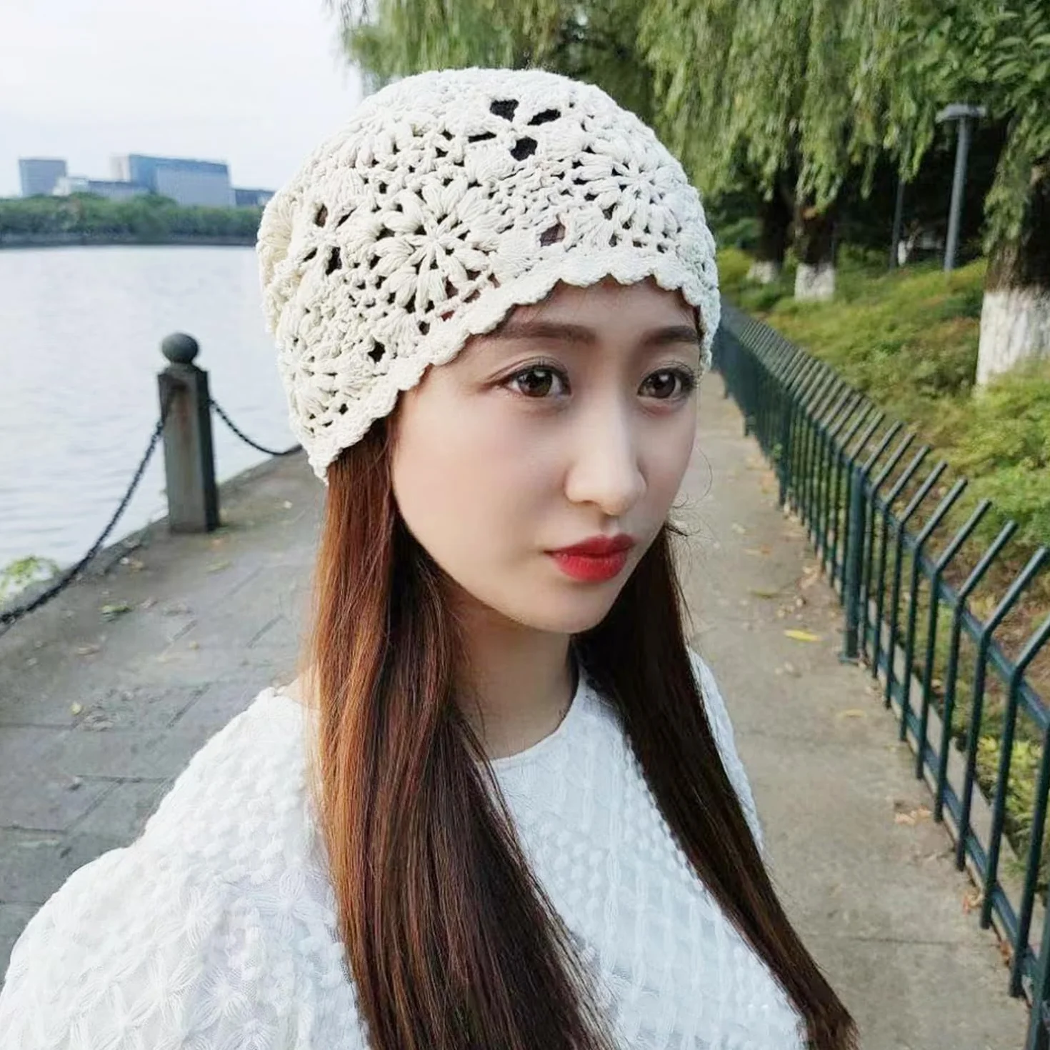 1 sztuka szydełkowa czapka bawełniana, letnia luźna czapka beanie, cienka czapka bawełniana, szydełkowa czapka, czapka damska, pasuje do różnych kształtów głowy i twarzy (beżowa)