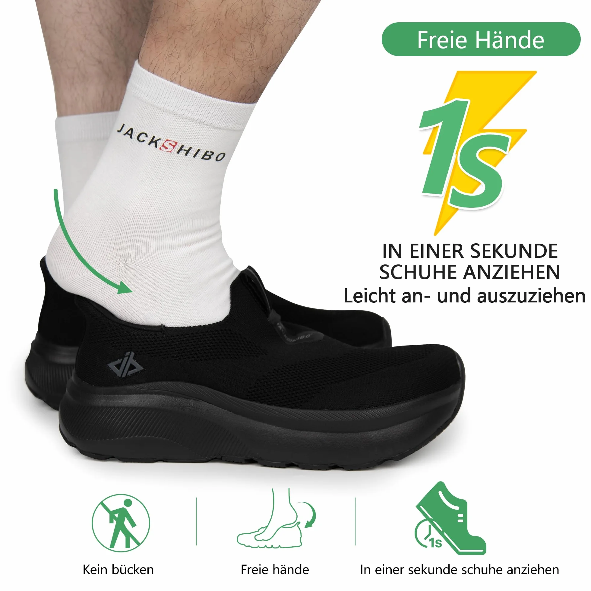 JACKSHIBO Męskie buty wsuwane, wsuwane buty typu sneaker, podparcie łuku stopy, ortopedyczne buty z pianki z pamięcią kształtu, z szerokim obszarem na palcach, podeszwa zerowa, czarny, 43 EU szeroki