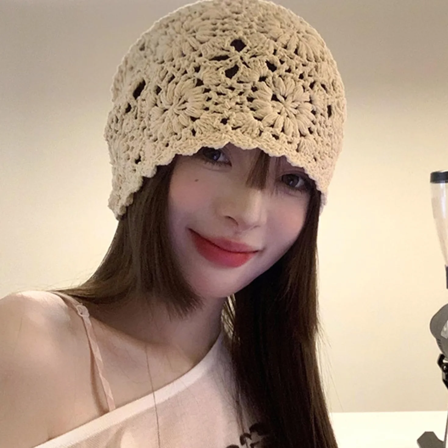 1 sztuka szydełkowa czapka bawełniana, letnia luźna czapka beanie, cienka czapka bawełniana, szydełkowa czapka, czapka damska, pasuje do różnych kształtów głowy i twarzy (beżowa)