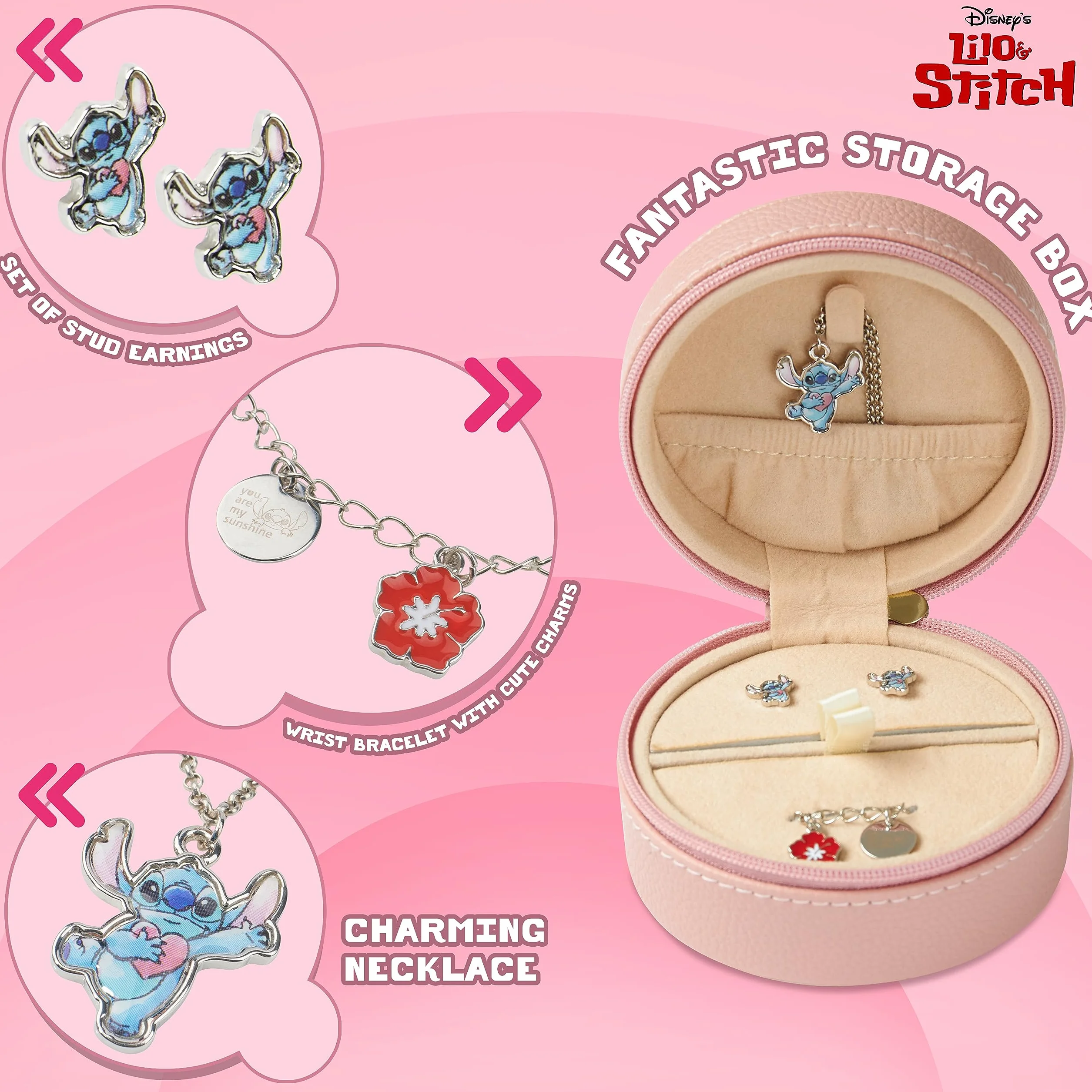 Disney Biżuteria dla dzieci, dziewczęca, bransoletka i kolczyk, stitch Mickey Minnie Elsa naszyjnik
