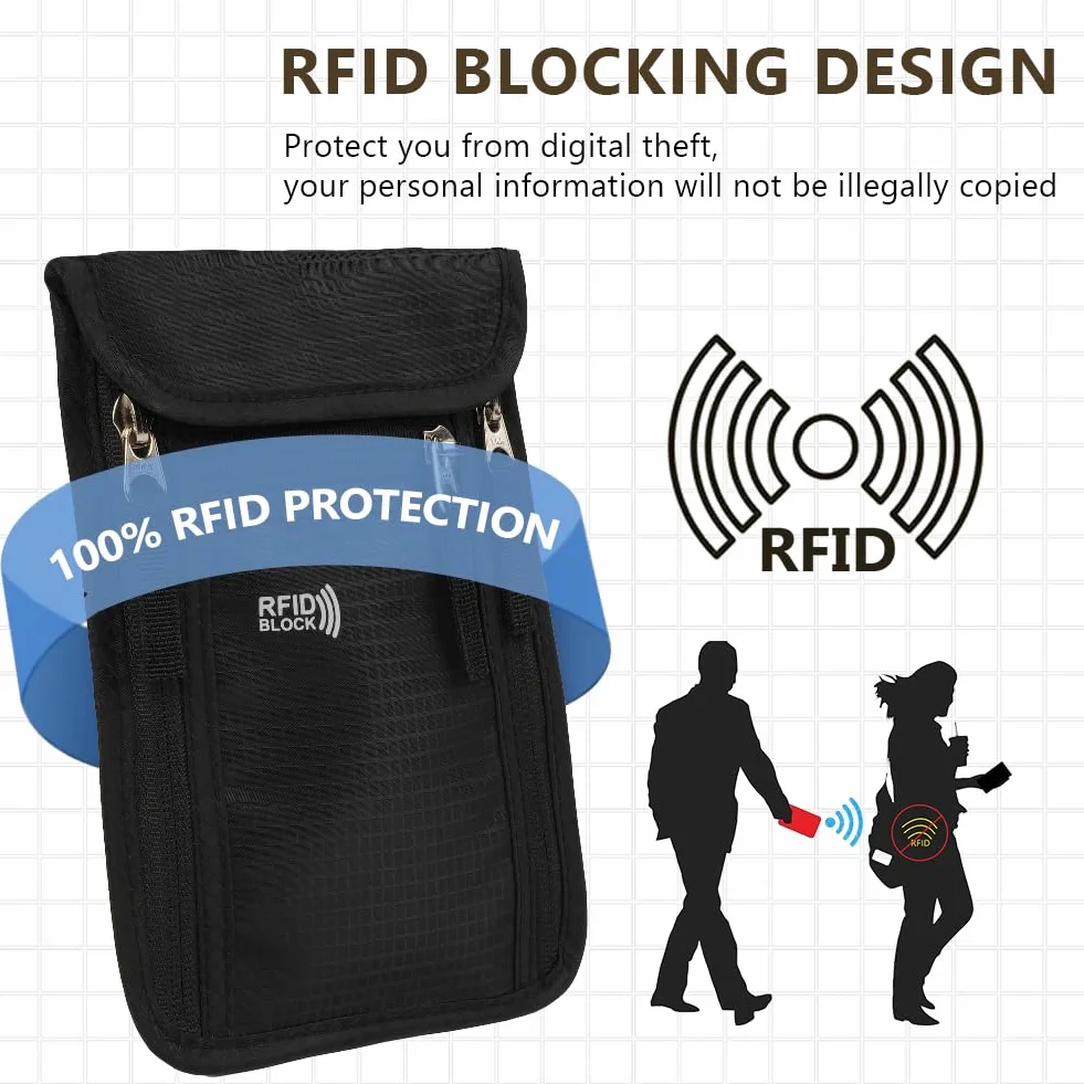 flintronic Saszetka na szyję z ochroną RFID, saszetka na szyję do podróży, ukryty uchwyt na paszport festiwalowy, karty kredytowe, monety i akcesoria podróżne – czarna