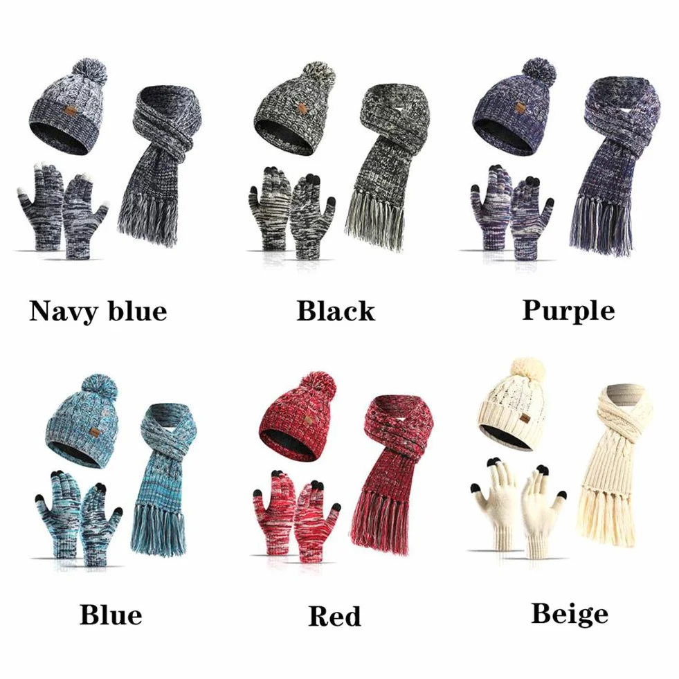 3 szt./zestaw unisex zimowa ciepła czapka beanie szalik zestaw i rękawiczki z ekranem dotykowym kobiety mężczyźni gruba elastyczna dwustronna dzianinowa czapka beanie para czapka outdoorowa narciarstwo, kemping