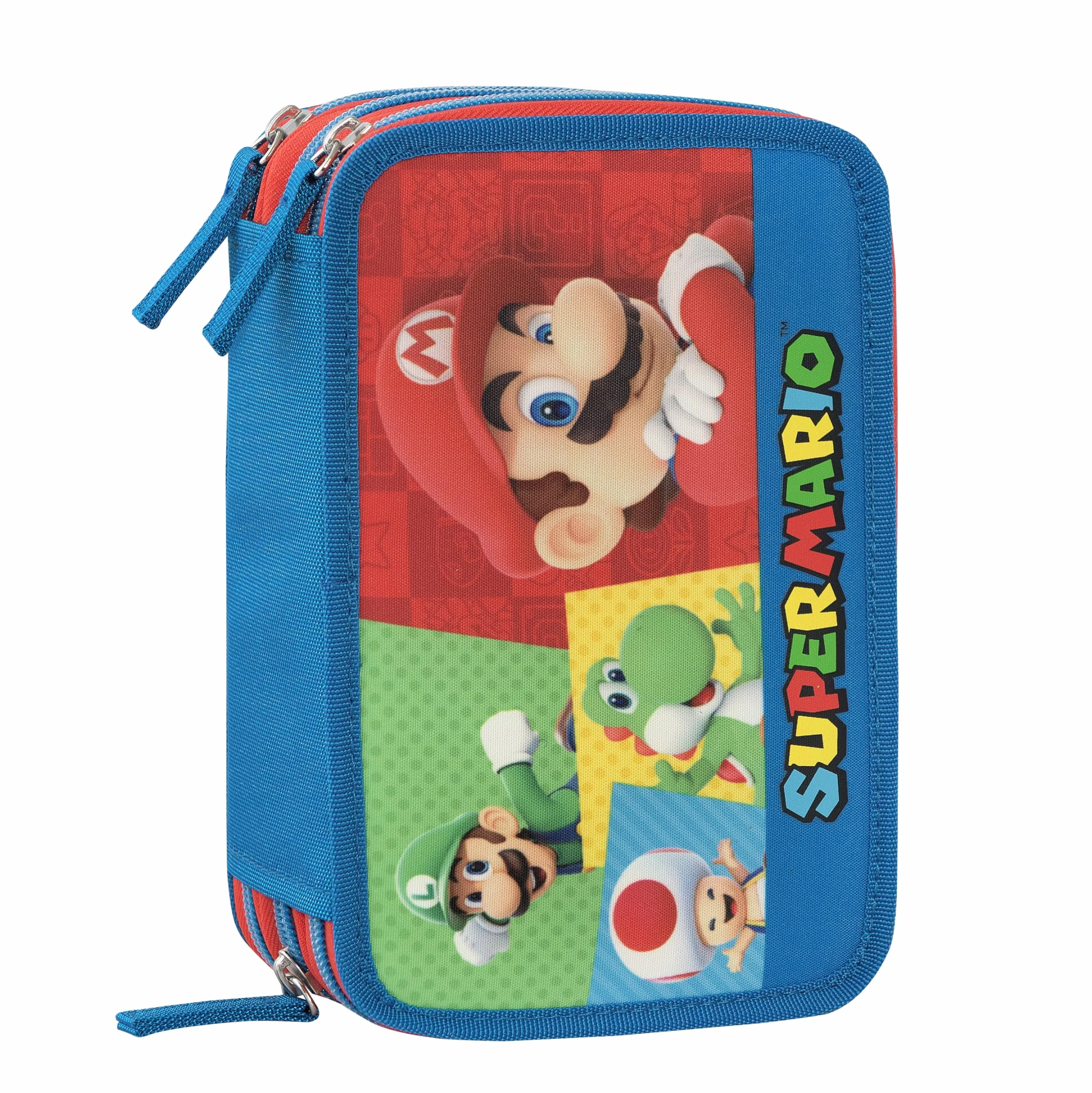 Franco Cosimo Panini SUPER MARIO - Oficjalny piórnik Super Mario, 3 przegródki dla chłopców i dziewczynek, z zestawem na artykuły pa, niebieski ścieralny długopis i praktyczne zamknięcie na