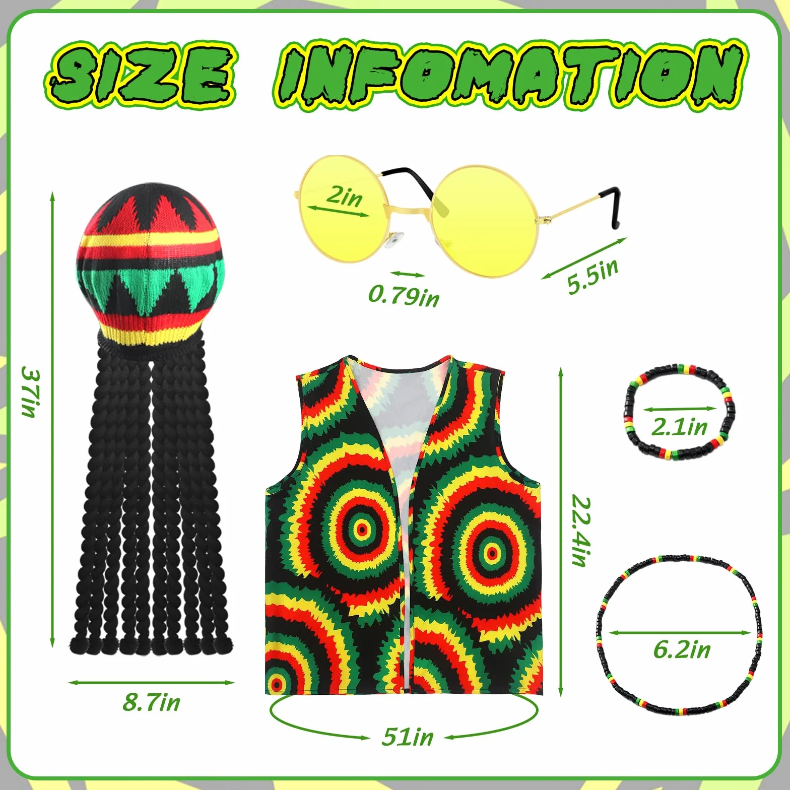 Zestaw akcesoriów do kostiumów Rasta 5 sztuk z czapką peruka Jamajka Reggae batik T-Shirt okulary przeciwsłoneczne pleciony naszyjnik bransoletka