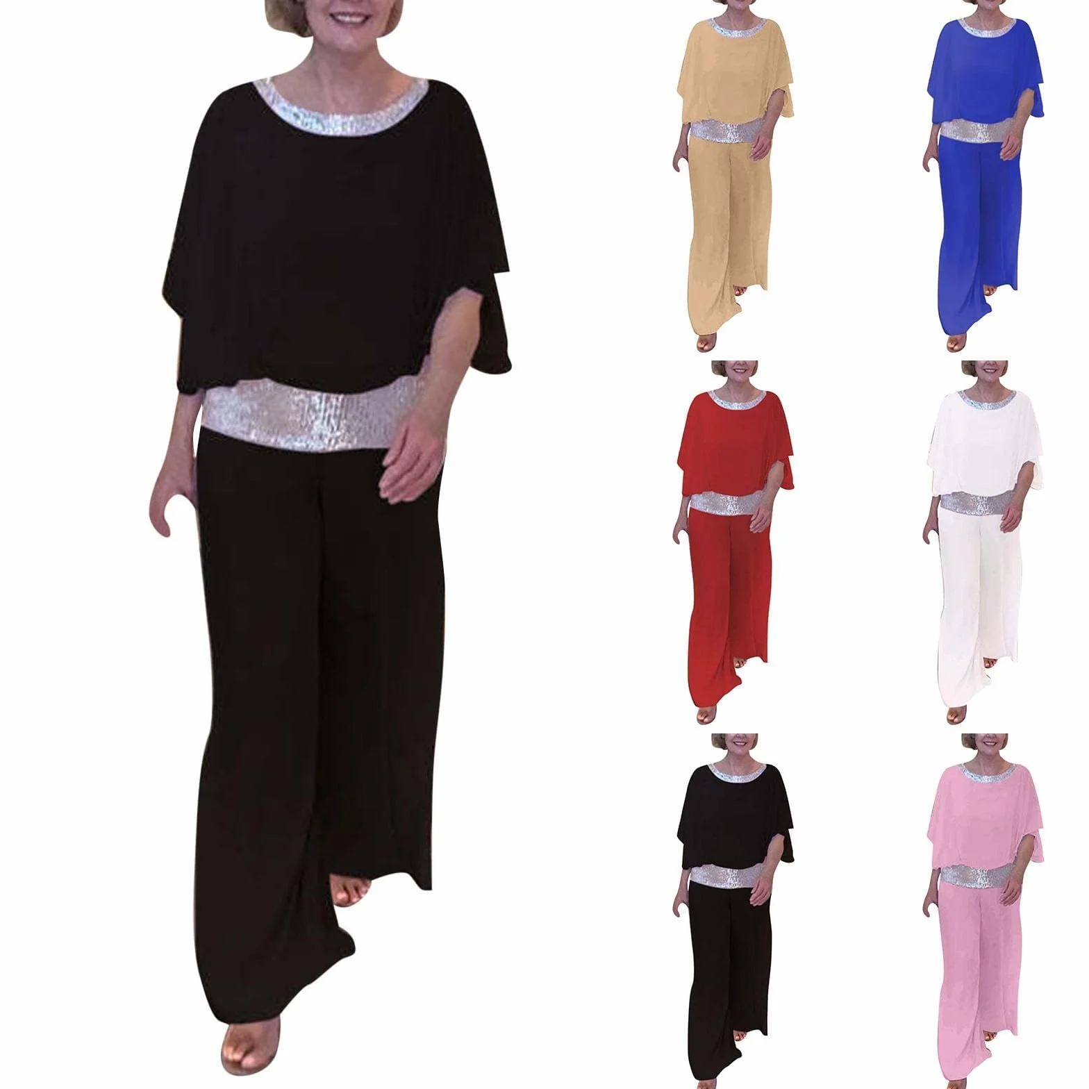 Elegancki dwuczęściowy zestaw z cekinami Colorblock z cekinami, 2-częściowe zestawy spodni z okrągłym dekoltem, szyfonowe spodnie z szerokimi nogawkami