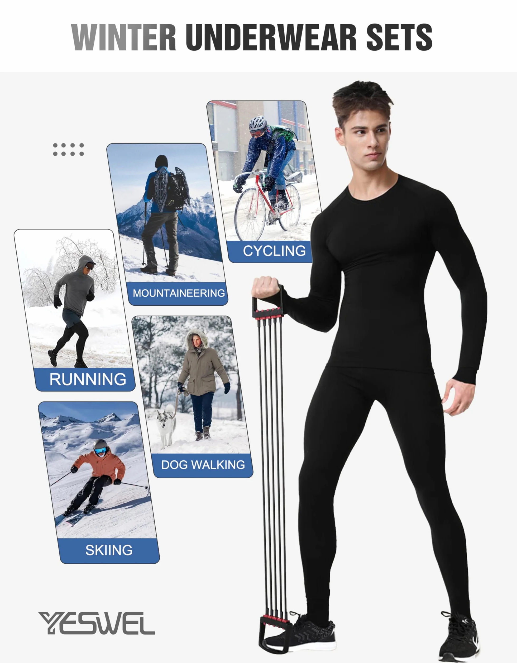 YESWEL Męska Bielizna Termoizolacyjna, Funkcjonalna Bielizna z Fleece wewnętrznym, Bielizna Narciarska na Zimowe Aktywności na Świeżym Powietrzu (M-2XL)