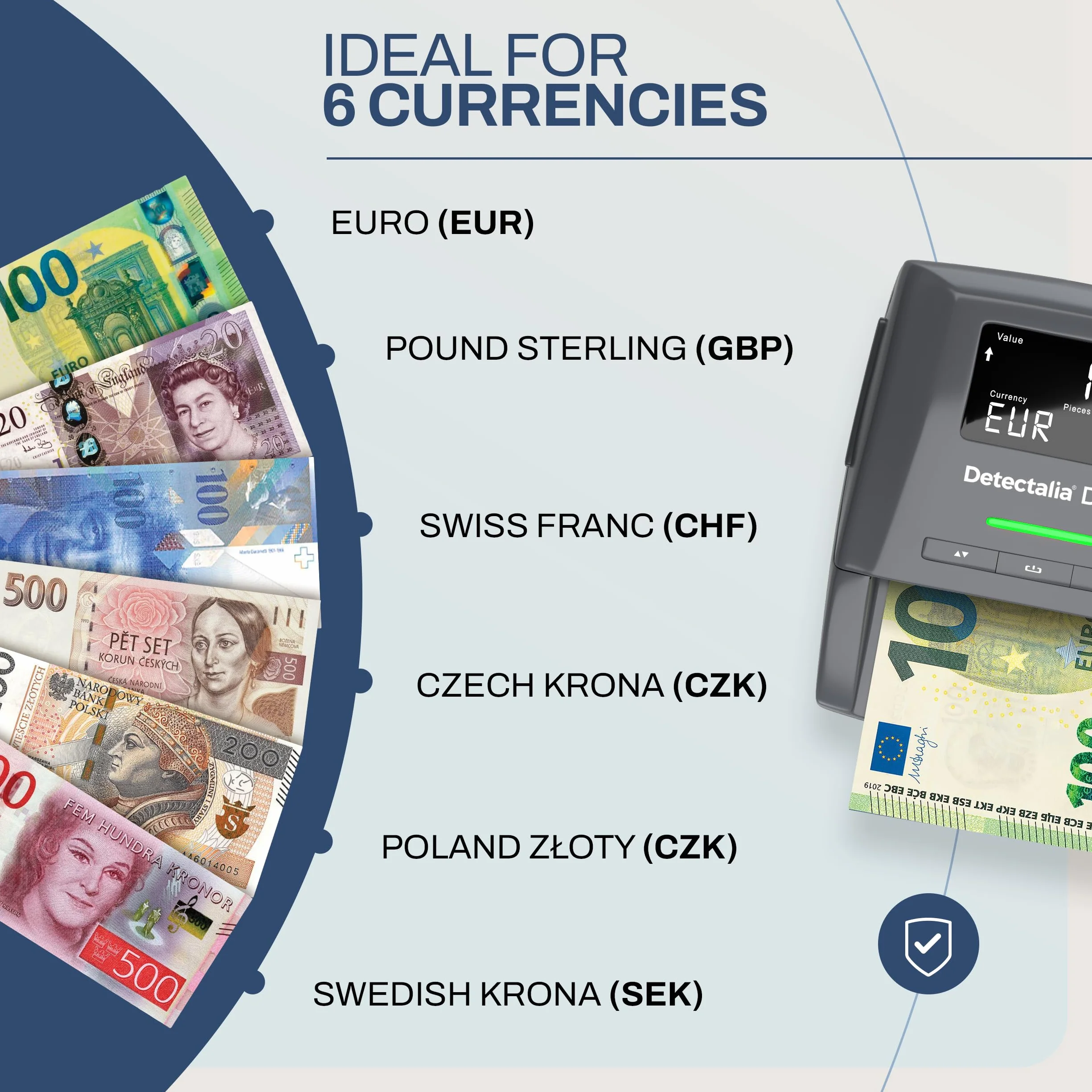 Detectalia D7X tester banknotów i maszyna do liczenia banknotów – urządzenie do testowania fałszywych banknotów z 7 kontrolami rozpoznawania euro, gbp, chf, pln, czk i sek