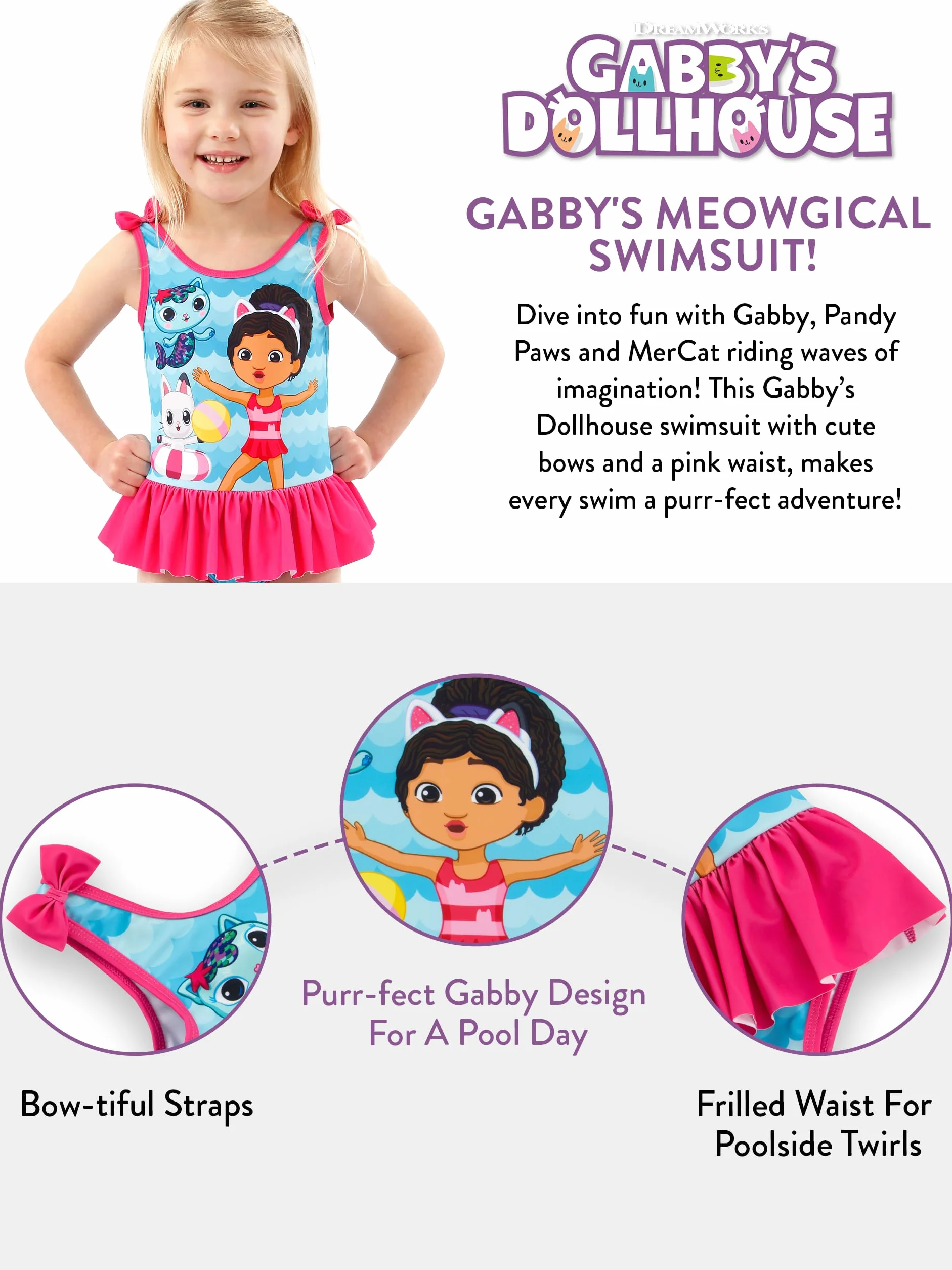DreamWorks Gabby's Dollhouse Strój Kąpielowy | Jednoczęściowe Stroje Kąpielowe dla Dziewcząt | Kostiumy Kąpielowe dla Dzieci