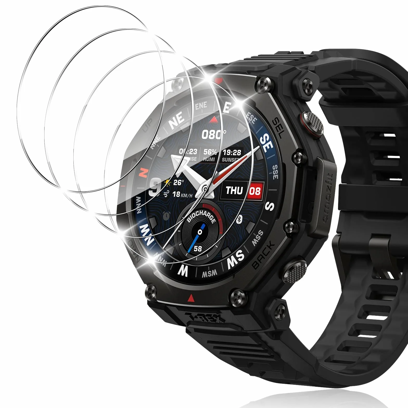 Folia ochronna do Amazfit T-Rex 3 Pro do szkła pancernego, 4 sztuki, wodoszczelna folia ze szkła hartowanego, odporna na zarysowania, ultra cienka ochrona wyświetlacza bez pęcherzyków powietrza