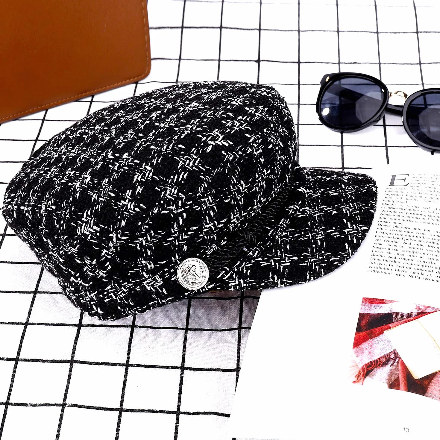 Damska czapka z daszkiem, wzór w pepitkę, beret, damska, swobodna, modna czapka w stylu vintage, elegancka czapka zimowa dla kobiet (M, 56-58 cm), czarna, 1 sztuka, czarny, 56-58