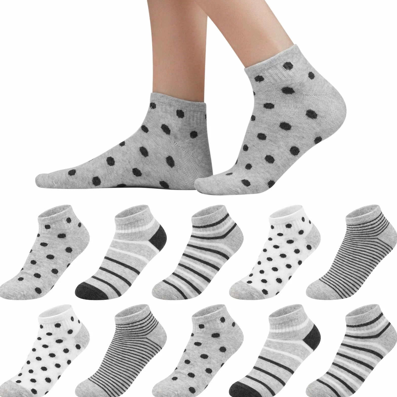 Skarpety do sneakersów damskie 35-38 39-42, bawełniane krótkie skarpety dziewczęce skarpetki, 10 par, wielokolorowe skarpety do sneakersów, kolorowe skarpety damskie z kropkami w paski, Szary zestaw, 35-38 EU