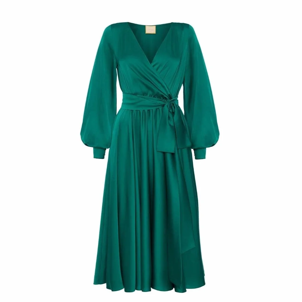 Swing Fashion Sukienka midi damska, elegancka sukienka, odświętna, na imprezę, wieczorowa, na wesele, bal, dekolt w serek, z długim rękawem, beżowa, rozm. 36 (rozmiar S) Kobiety Allison