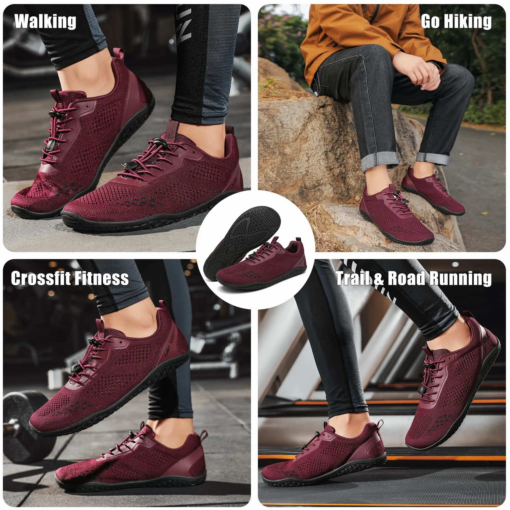 Geweo Buty Barefoot Męskie i Damskie Lekkie Wygodne Buty Sportowe Treningow z Szeroką Skrzynią na Palce Oddychające Buty do Biegania, do CrossFit z podeszwą Zero-Drop Unisex Burgund Czerwony 44EU