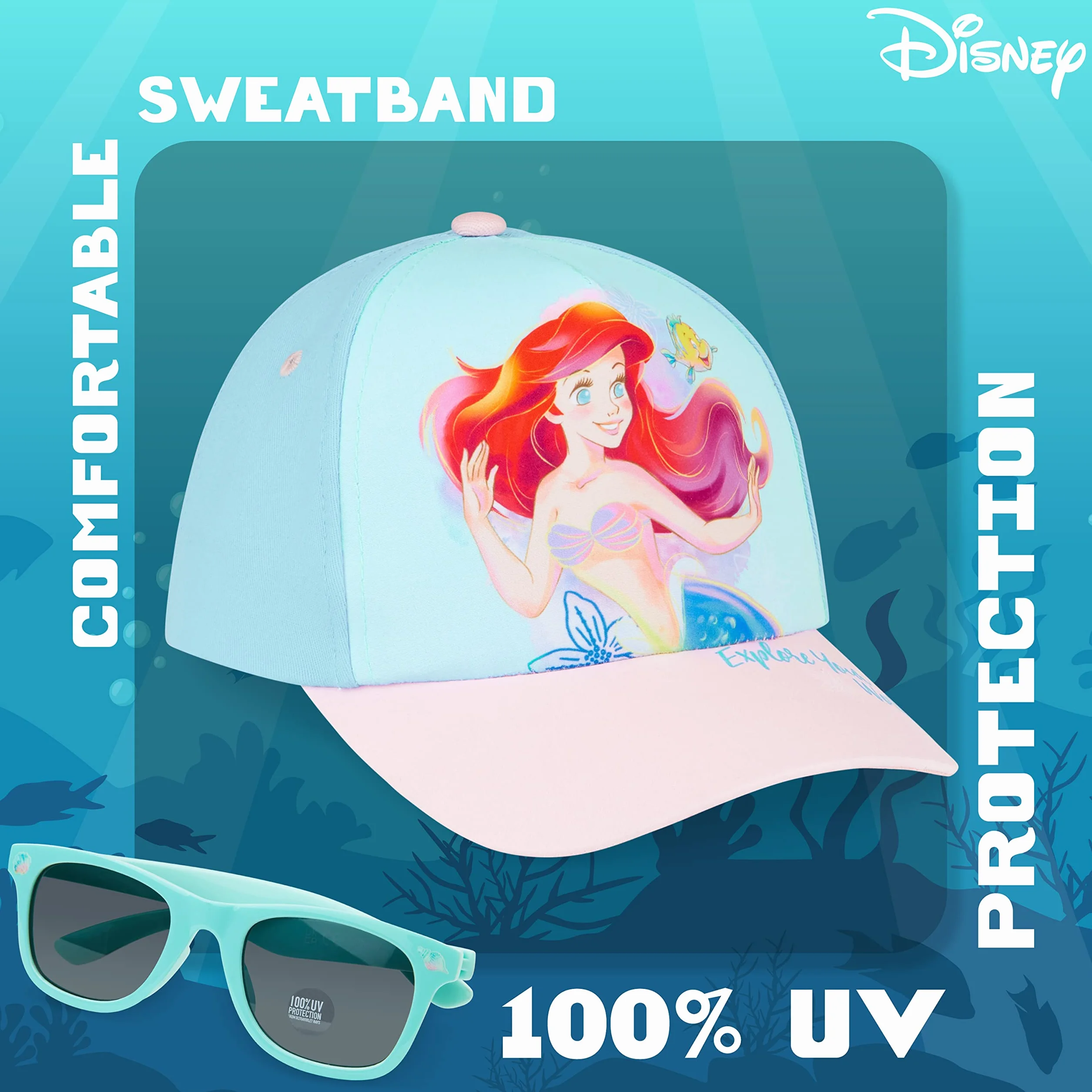 Disney Stitch Czapka z Daszkiem i Okulary Przeciwsłoneczne dla Dzieci dla Dziewcząt 100% UV Protection Lato Akcesoria Ustaw Jeden rozmiar Regulowany Kapelusz Frozen The Little Mermaid Stitch Prezenty dla Dziewczynek