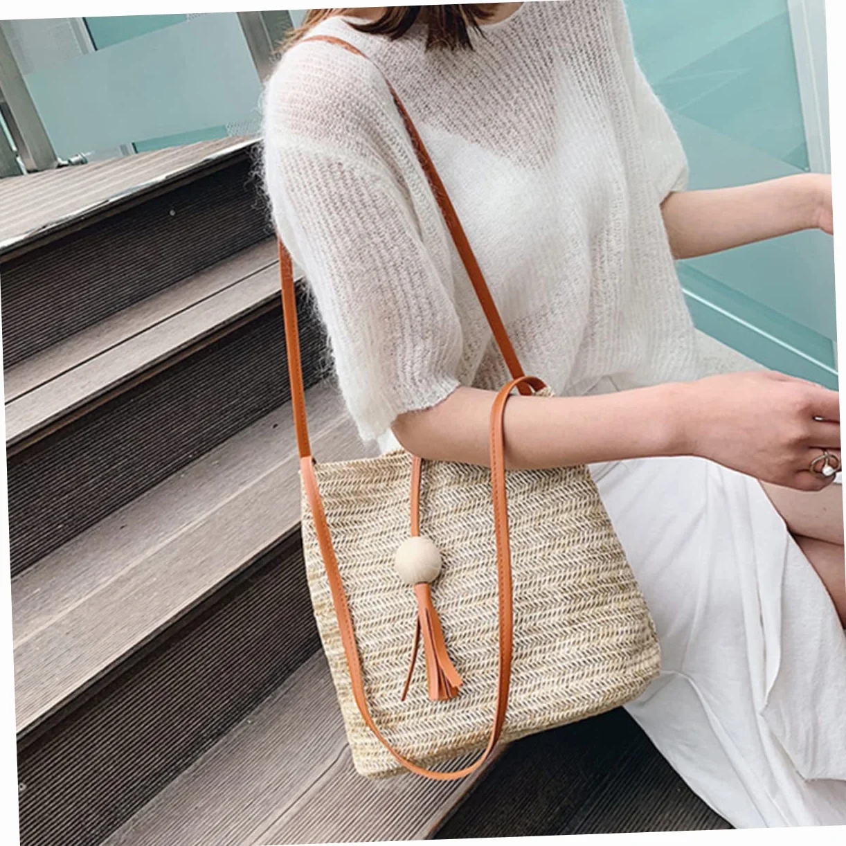 Holibanna 1kawałek Torba Wodoodporna Wykonana z Trawy Włóknistej Lato Dla Kobiet Stylowy Koszyk Kolorze Brązowym Przenośny Model Bucket Bag Do Codziennych Stylizacji