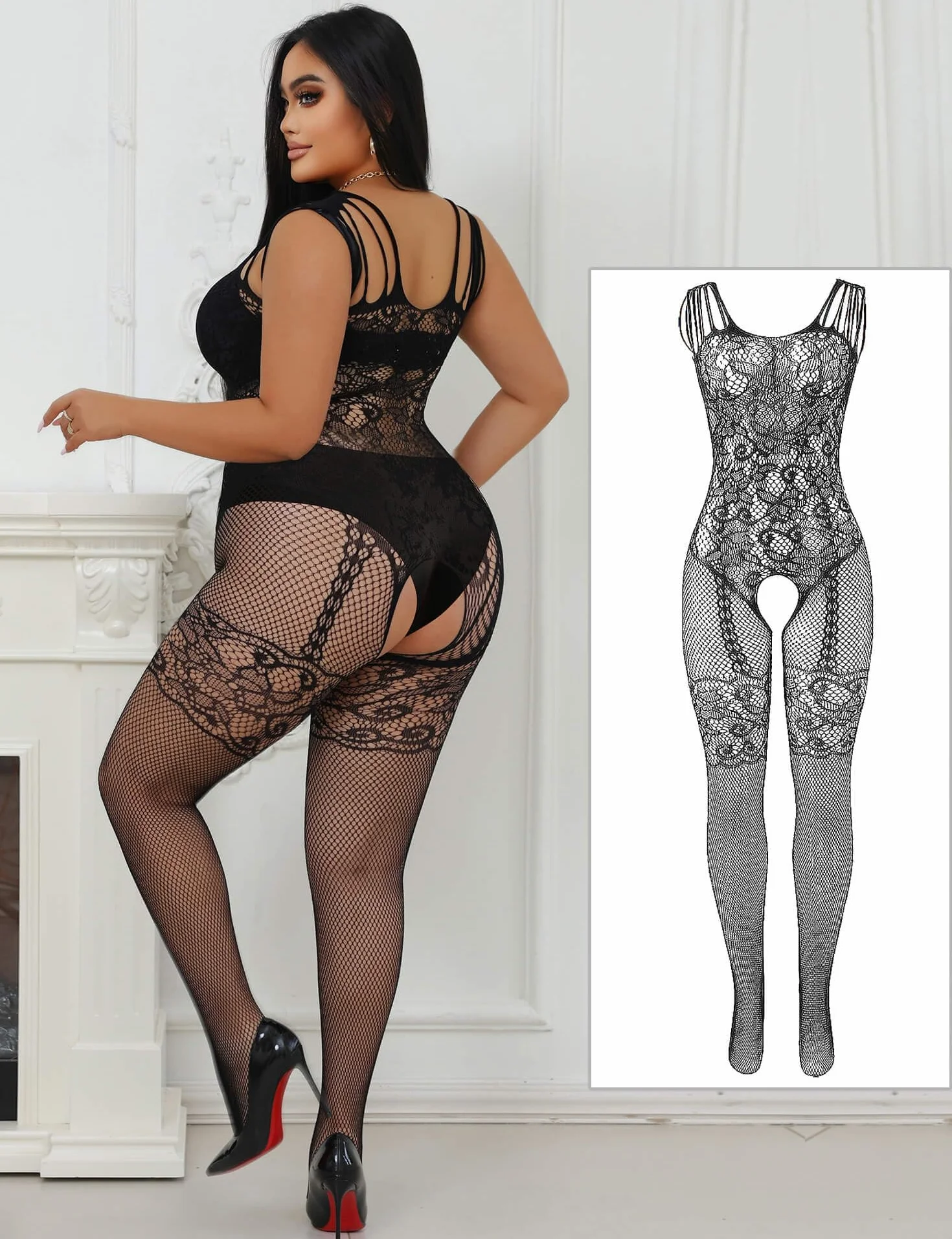 comeondear Bodystocking Ouvert damska bielizna erotyczna, XS-5XL, seksowny kombinezon typu fishnet body, rajstopy o dużych rozmiarach, bielizna erotyczna, zakrzywiona siatka rybna, body z otwartym