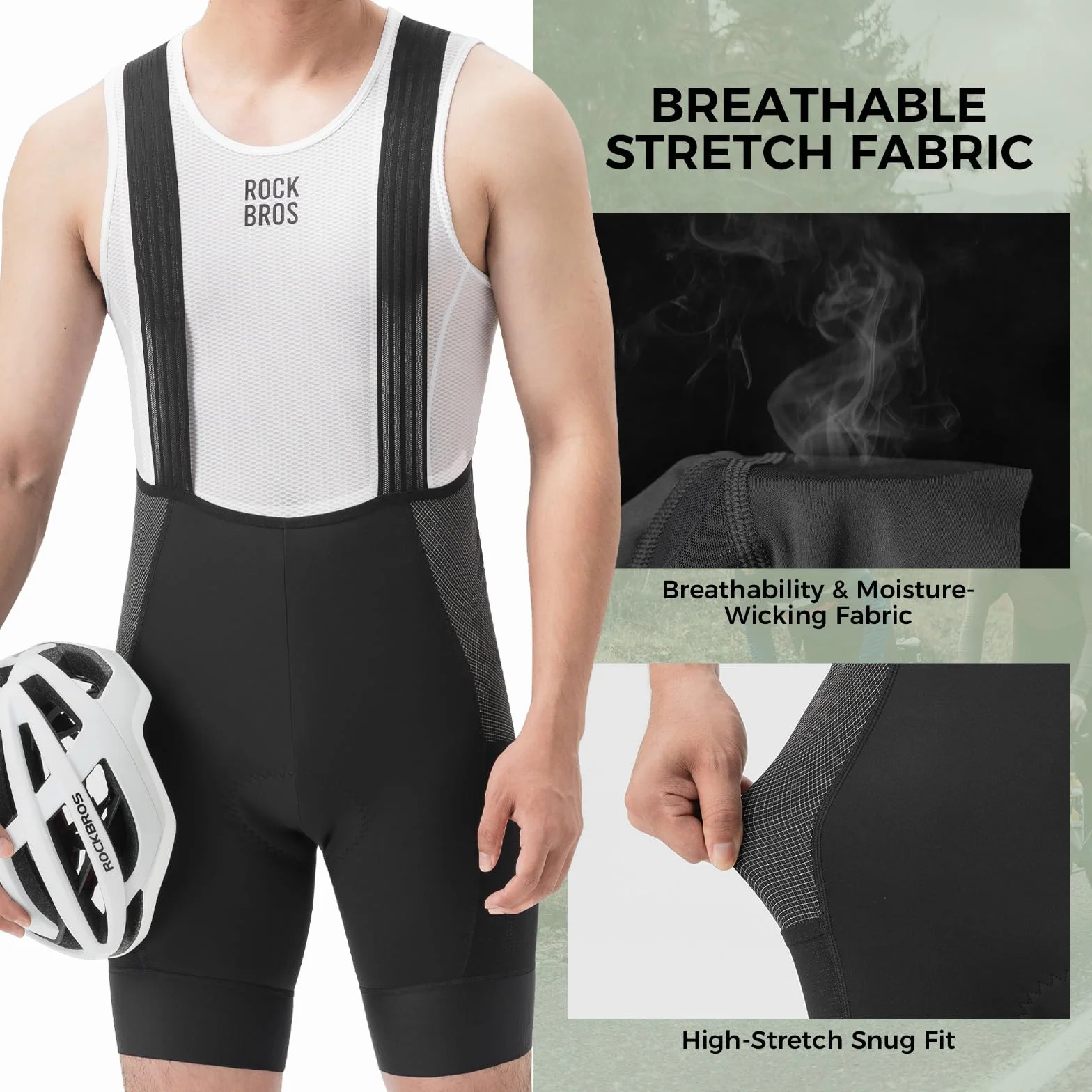 ROCKBROS Letnie męskie spodenki rowerowe z szelkami, spodenki z 5 kieszeniami, oddychające i elastyczne ergonomiczne wyściełane antywibracyjne do rowerów szosowych i MTB, czarne