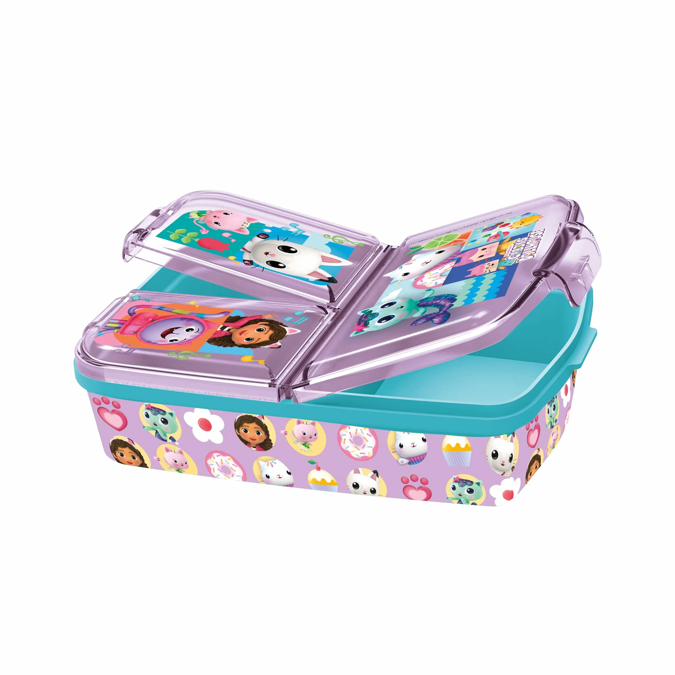 p:os 36543 - Pojemnik na lunch dla dzieci Gabbys Dollhouse z 3 przegrodami, plastikowy pojemnik na lunch z zapięciem na zatrzask, pojemnik na przekąski do przedszkola, szkoły i na czas wolny