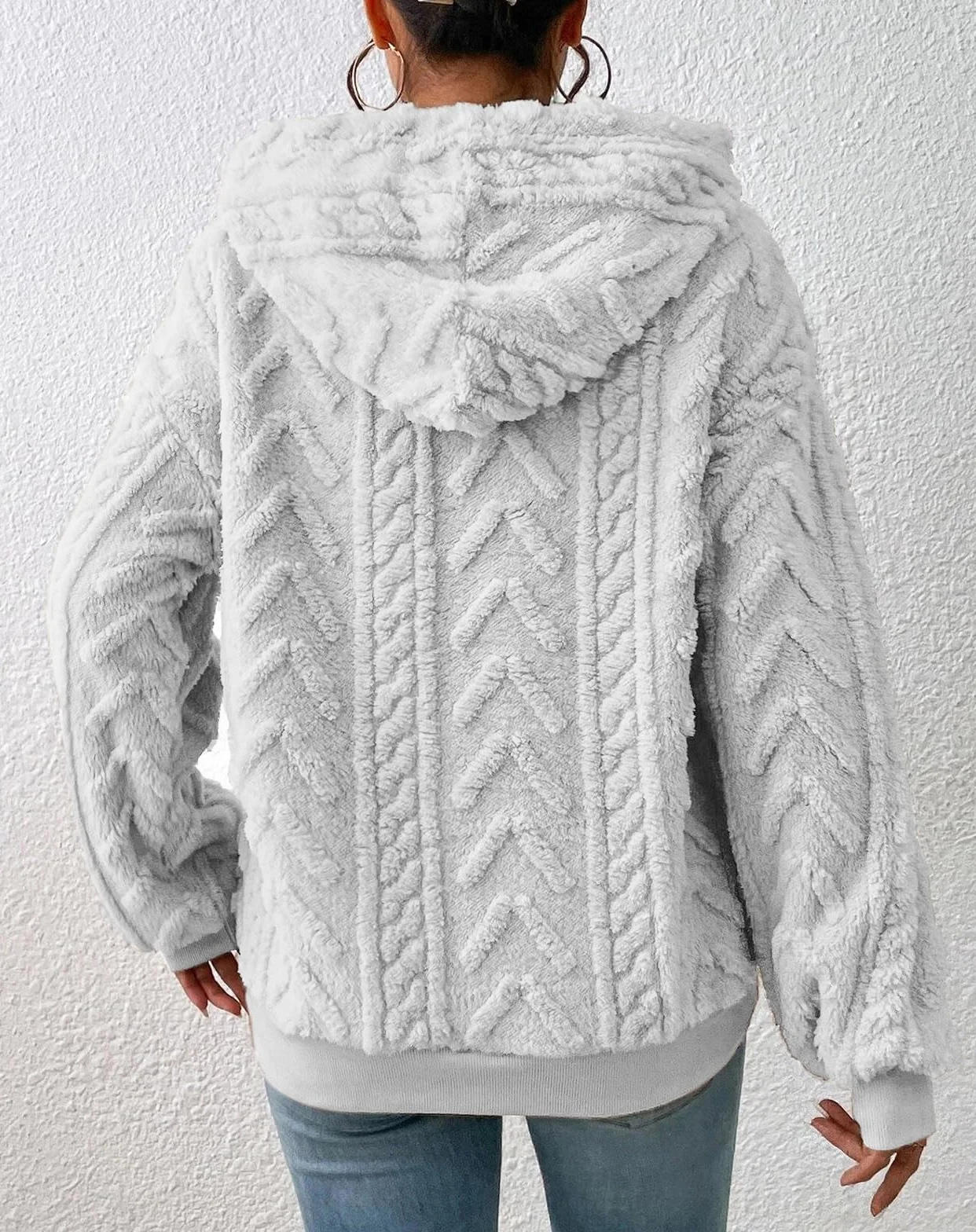 Damska bluza z kapturem Teddy polarowa bluza z kapturem żakardowy pulower ze sznurkiem ciepły puszysty top na co dzień jednolity kolor sweter