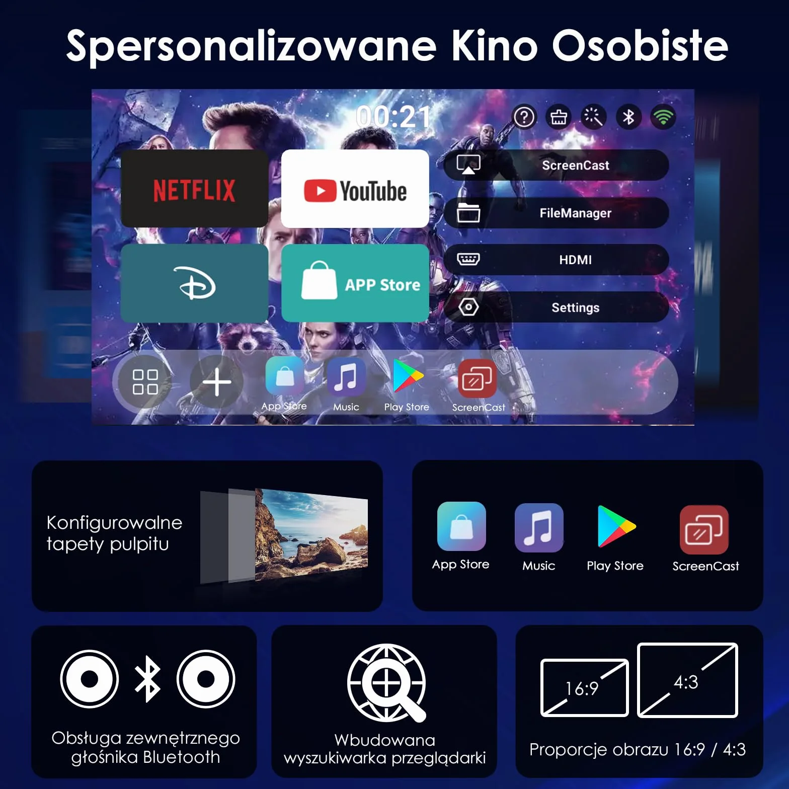 Wbudowane aplikacje i Android 11.0: przenośny projektor WOLFANG 20000 luksów 4K obsługiwany obrót o 180° i automatyczny keystone, kompatybilny z TV Stick/Windows/iOS/Android/HDMI/USB (1080P)