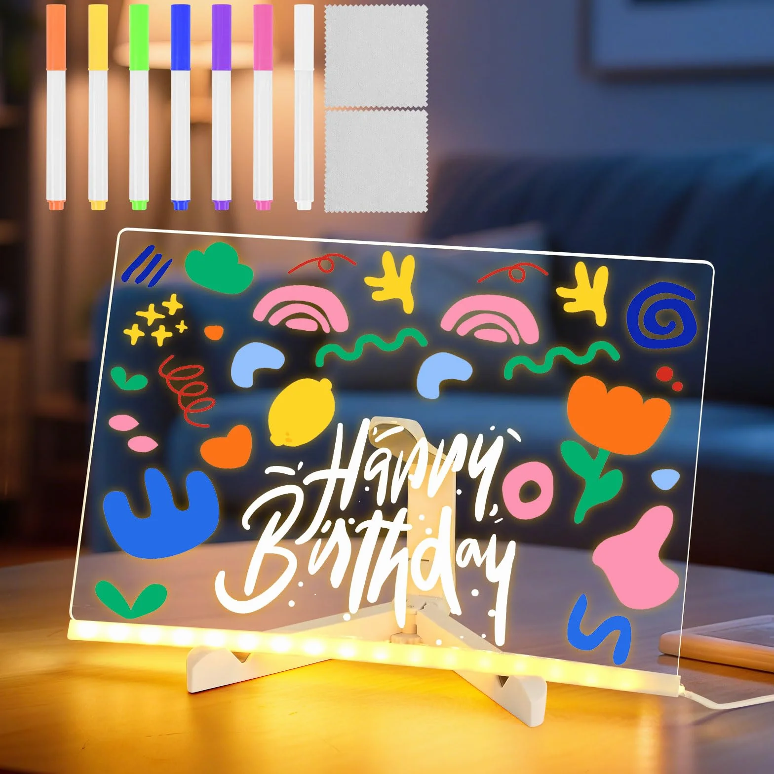 Tablica kreślarska LED, 30 x 20 cm, świecąca deska kreślarska LED dla dzieci, z 7 kolorami i regulowanym stojakiem, zmywalna tablica do malowania LED, tablica do rysowania, notatek i reklam