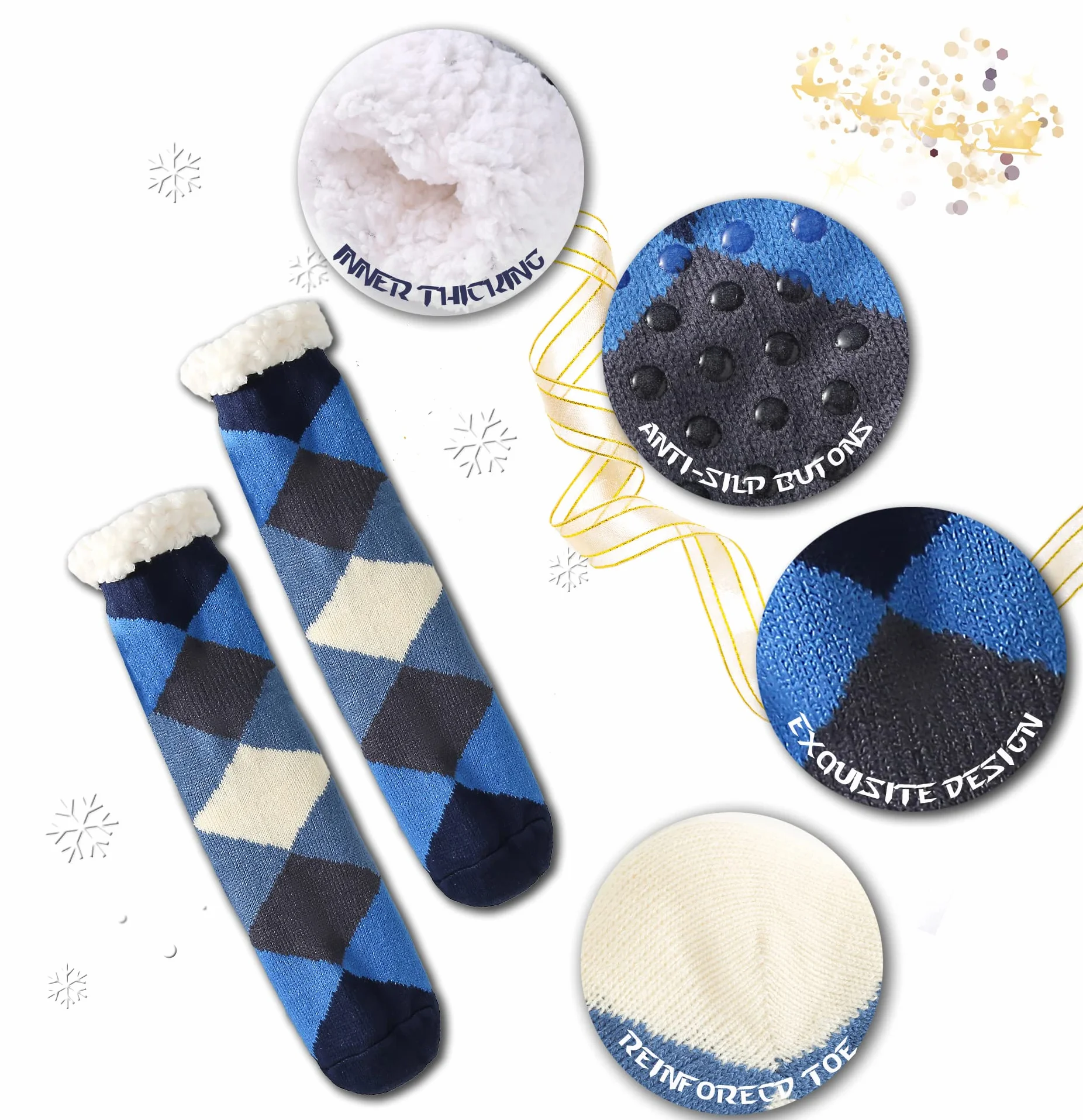 Skarpety męskie, zimowe, grube kapcie, antypoślizgowe kapcie, miękkie skarpety ze stoperami, skarpety bożonarodzeniowe, Diamond Blue, rozmiar uniwersalny