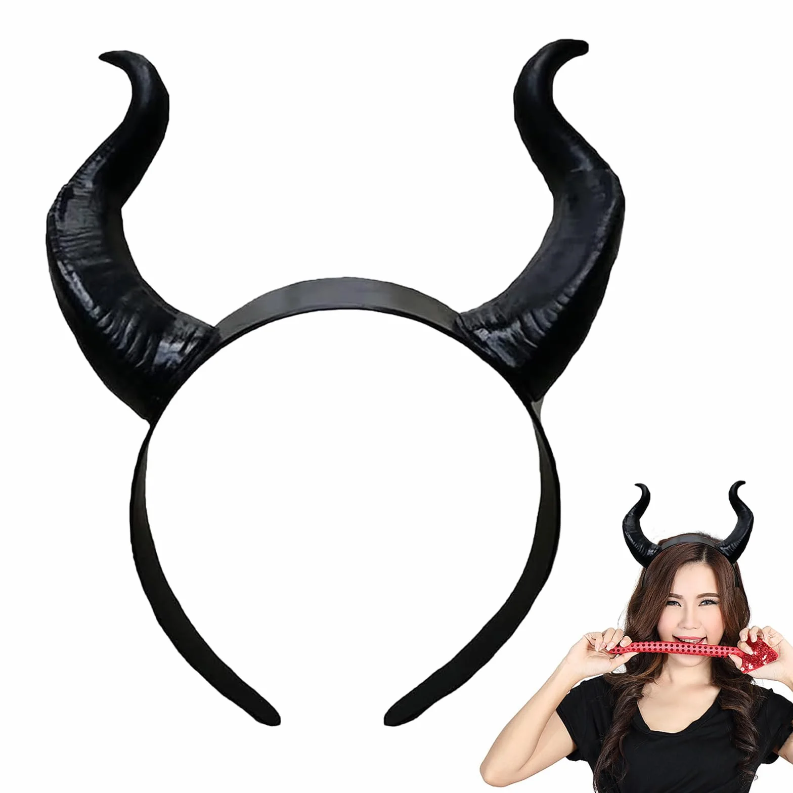 Funmo Ozdoba na głowę z rogiem krowiego, na Halloween, do kostiumu, na imprezę, demon, z rogiem krowy, jednokolorowa, prosta opaska na włosy, czarna opaska na włosy, śmieszna opaska na włosy