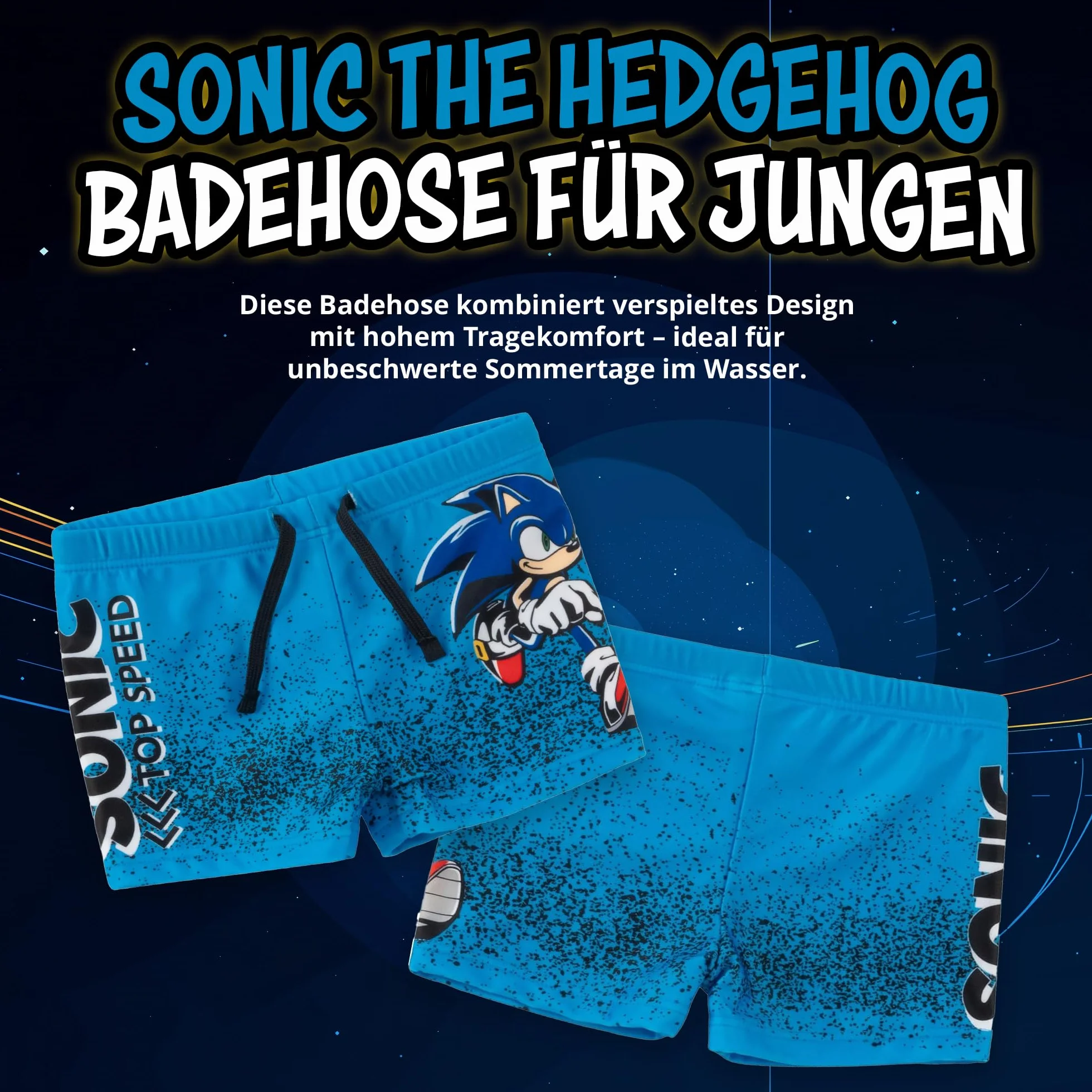 United Labels Sonic The Hedgehog kąpielówki dla chłopców – Top Speed dziecięce spodnie do pływania odzież kąpielowa spodnie niebieskie