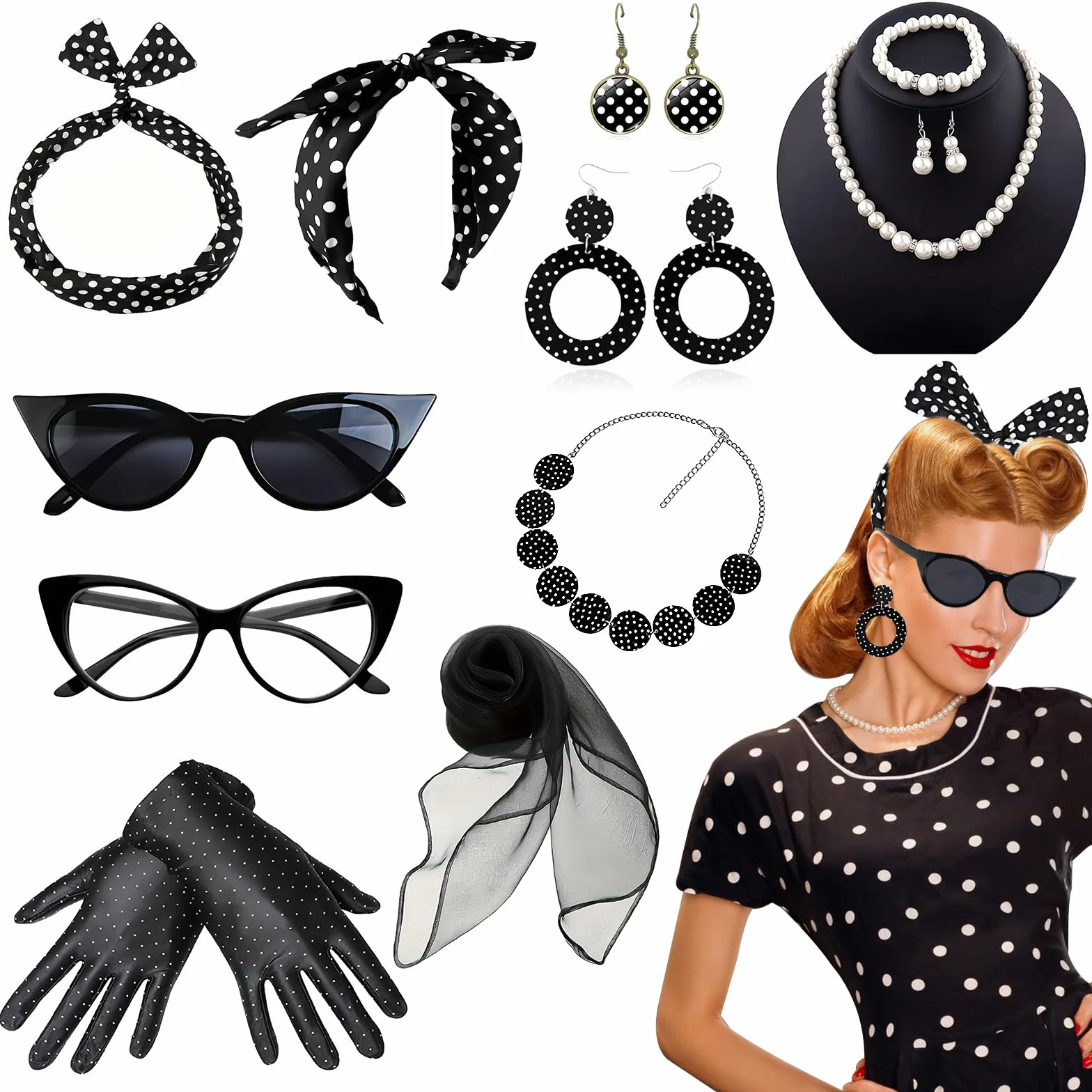 Grantop Akcesoria damskie w stylu lat 50. XX wieku, 12-częściowy zestaw akcesoriów damskich w stylu rockabilly z lat 50., retro akcesoria do kostiumu z szyfonowym szalikiem, rękawiczkami, opaską na